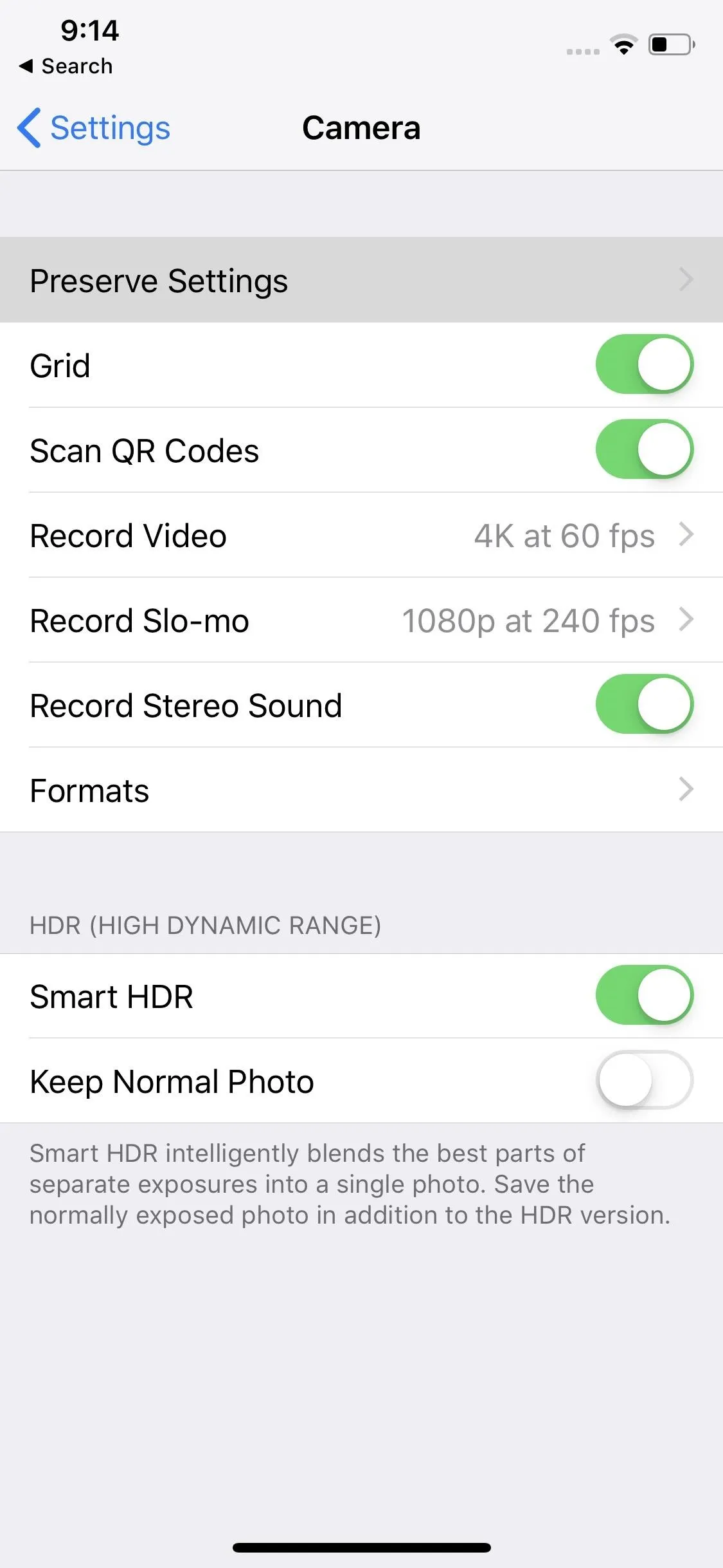 Camera settings menu on a smartphone.