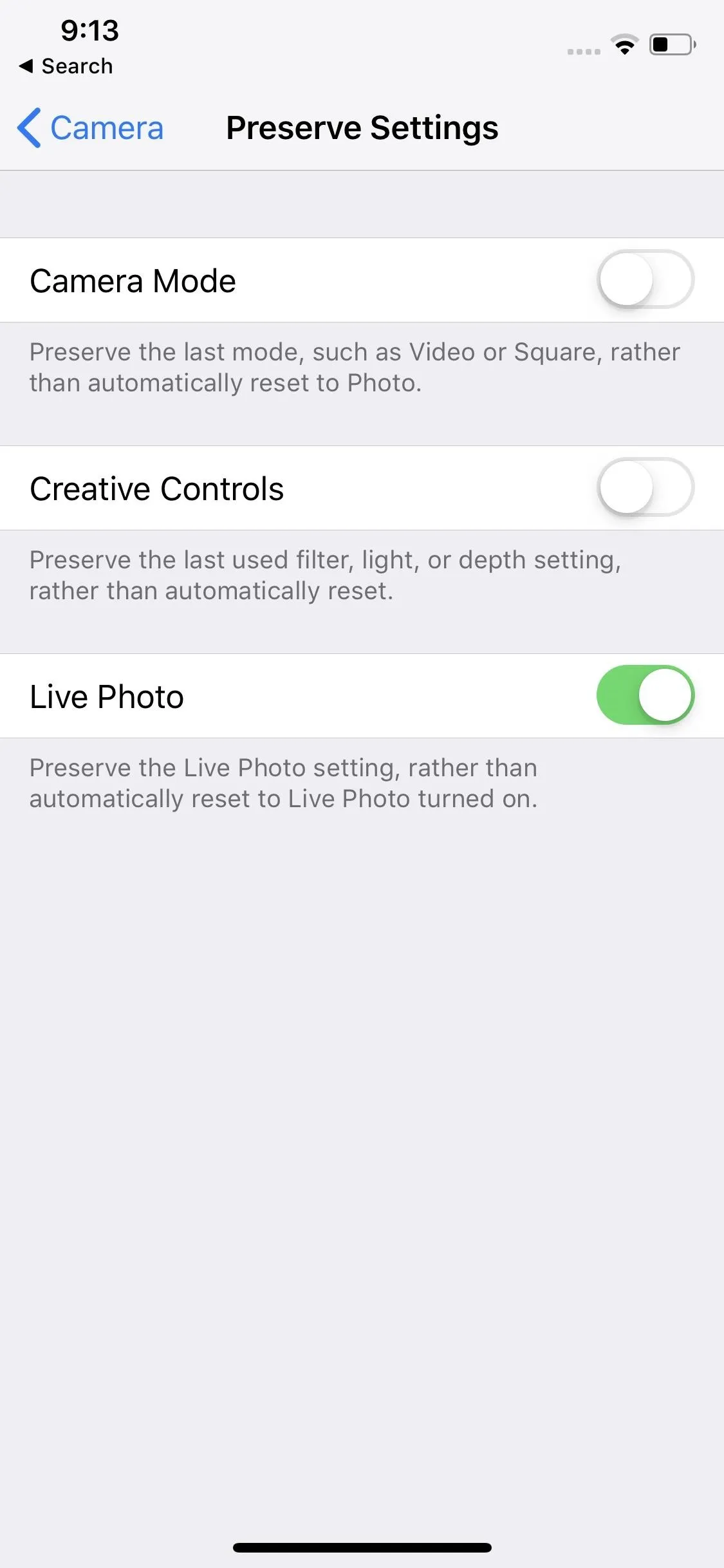 Camera settings menu options on a smartphone.