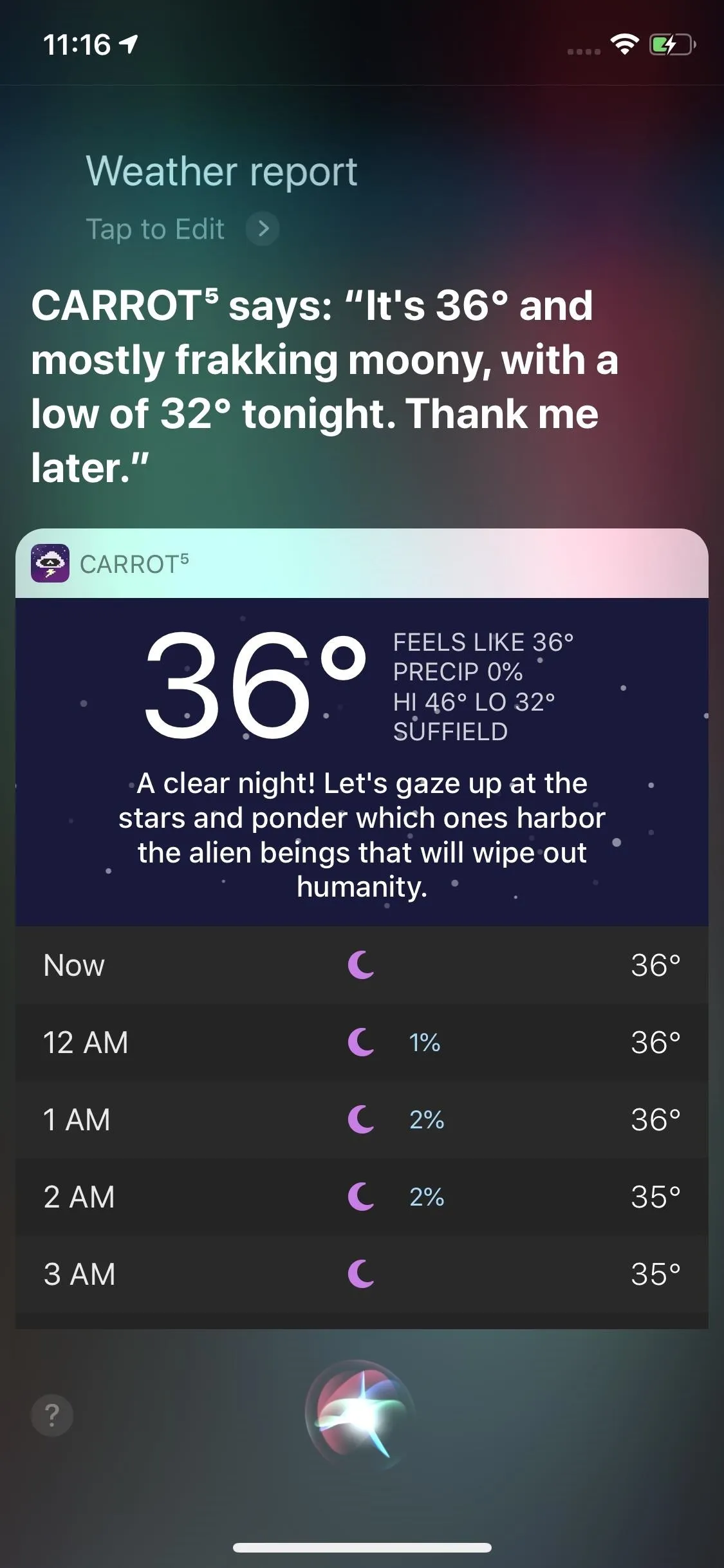 Weather report screenshot with temperature details showing 36°F and forecast information.