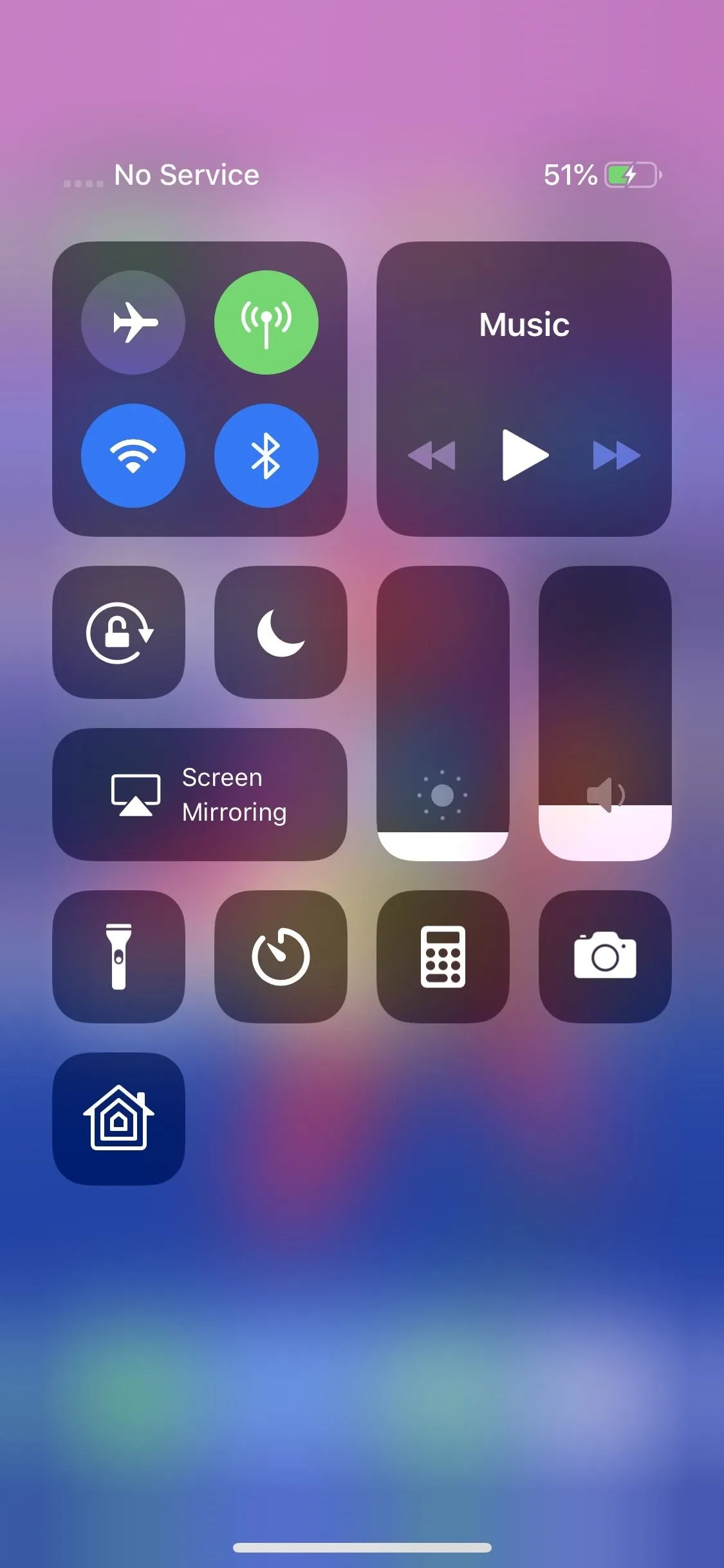 Control center on a smartphone displaying various settings and options.