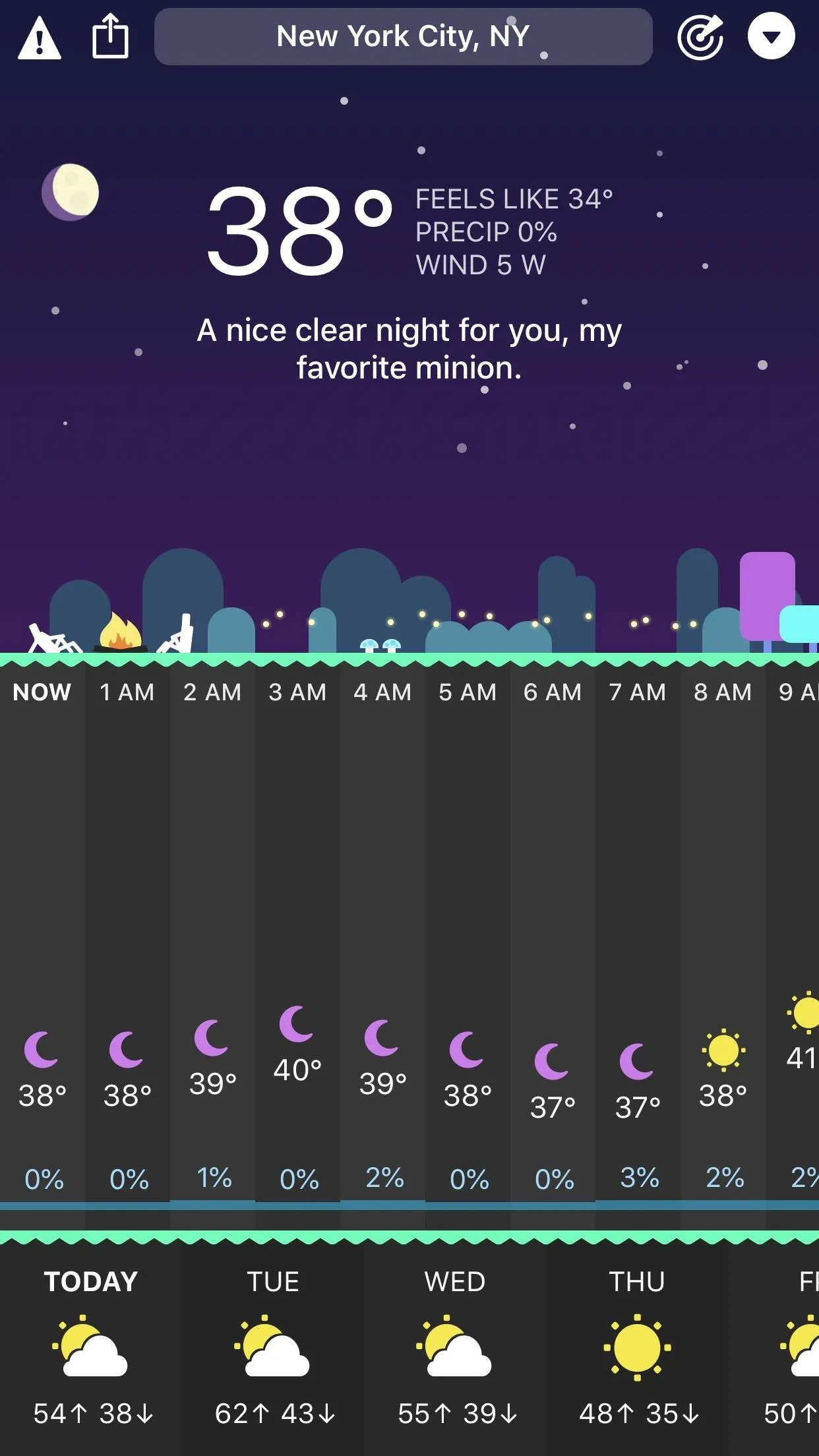 New York City weather forecast showing a temperature of 38°F with nighttime conditions.