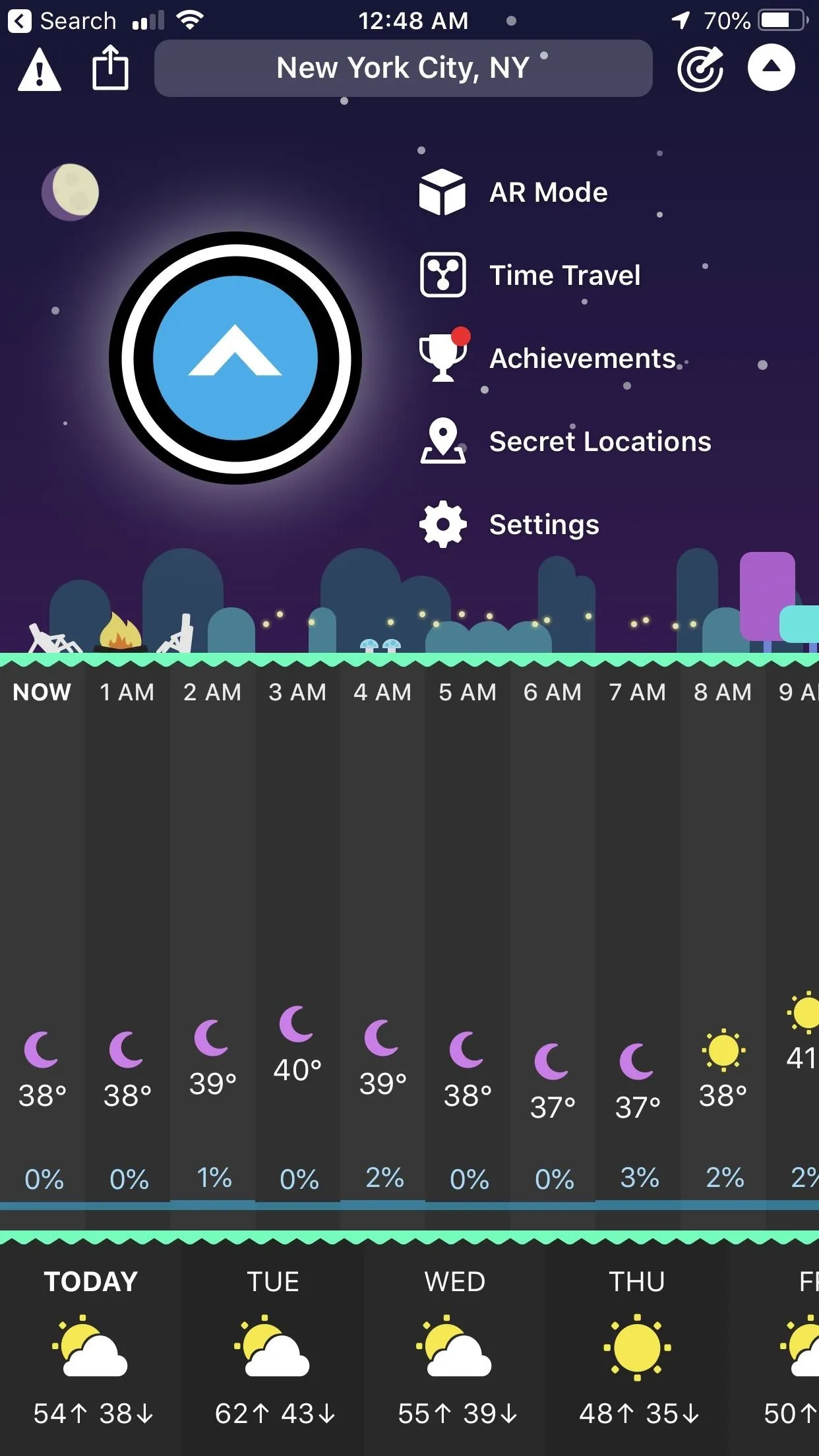 Weather app interface displaying weekly forecast with temperature, humidity, and icons for different weather conditions.