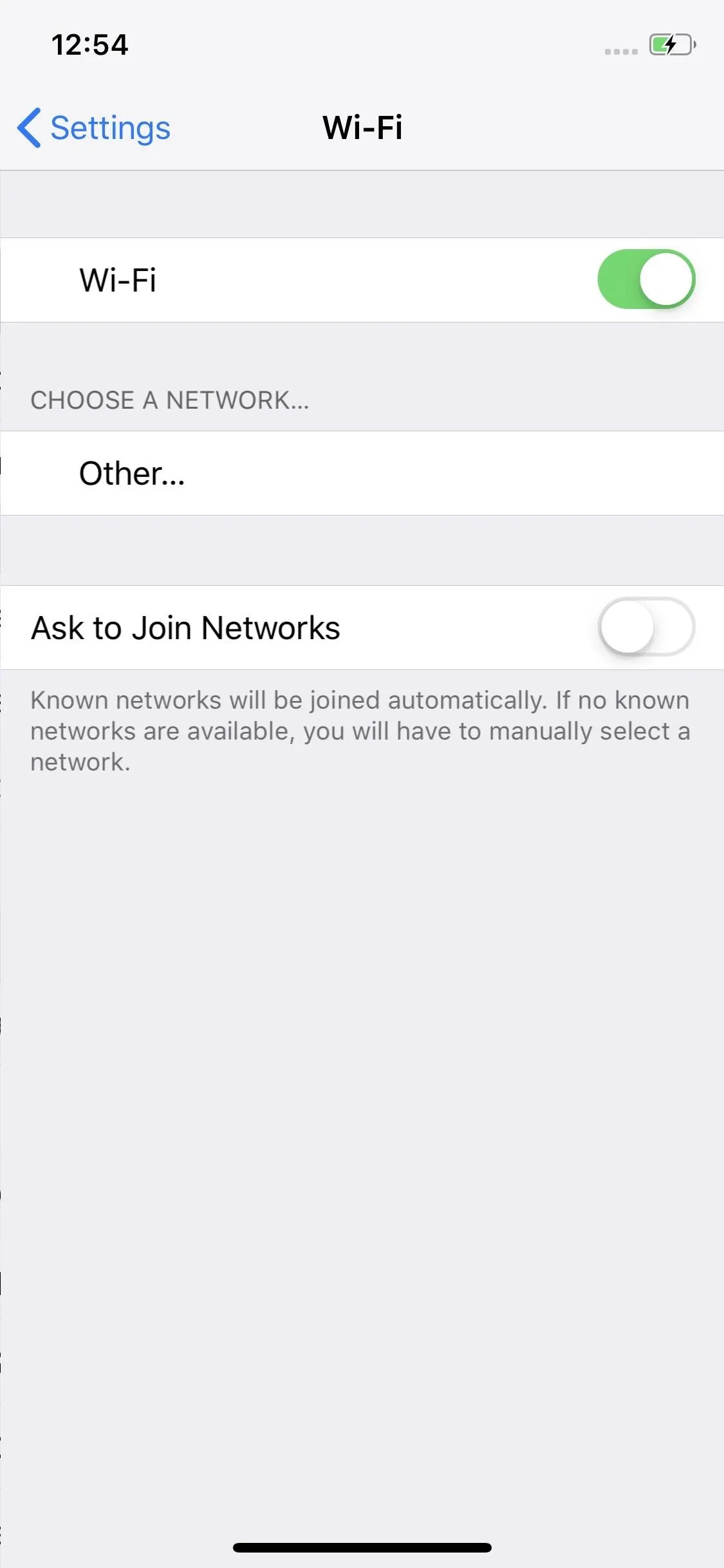 Wi-Fi settings screen displaying options to enable or disable Wi-Fi and connect to networks.