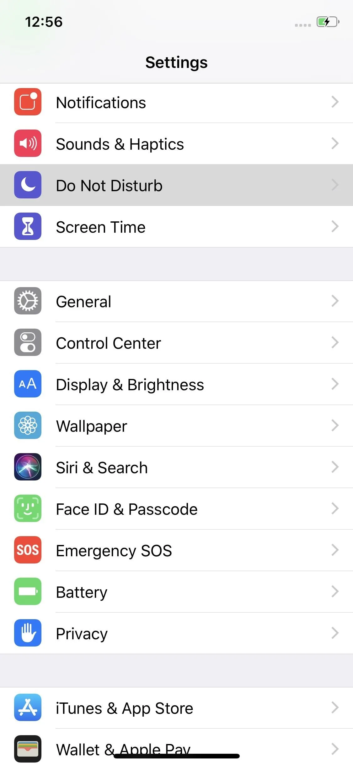 Settings menu with various options on a mobile device.