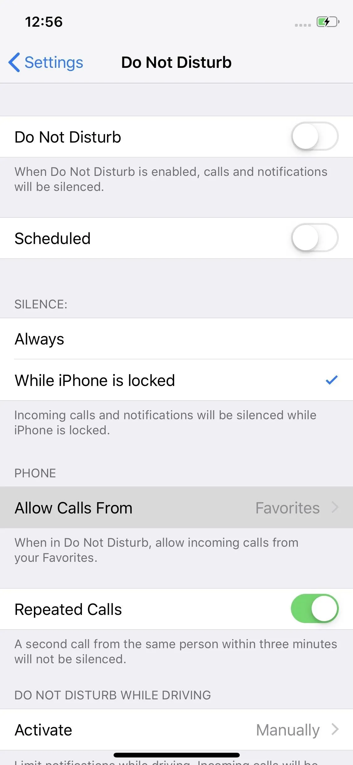 Settings menu for "Do Not Disturb" on a mobile device.