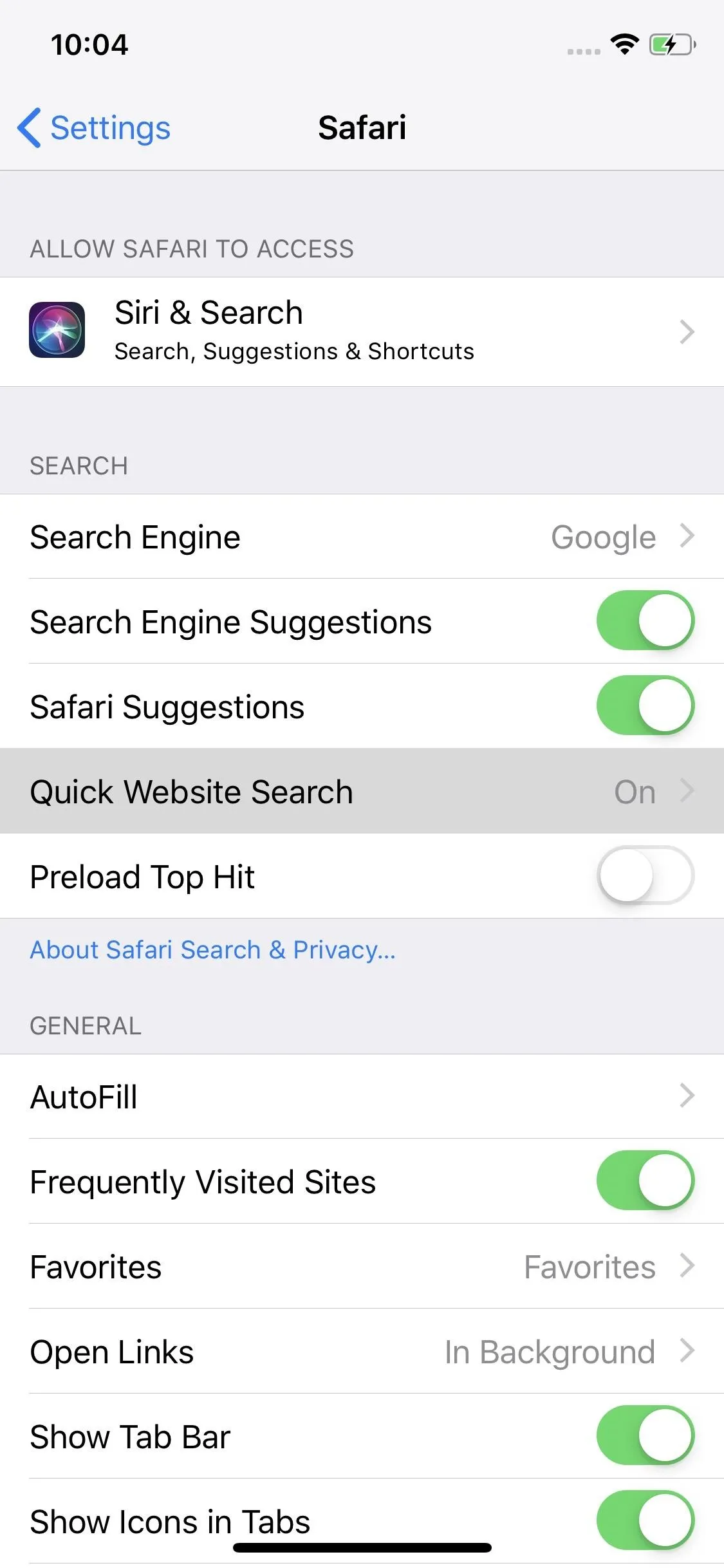 Settings menu for Safari search options on an iPhone.