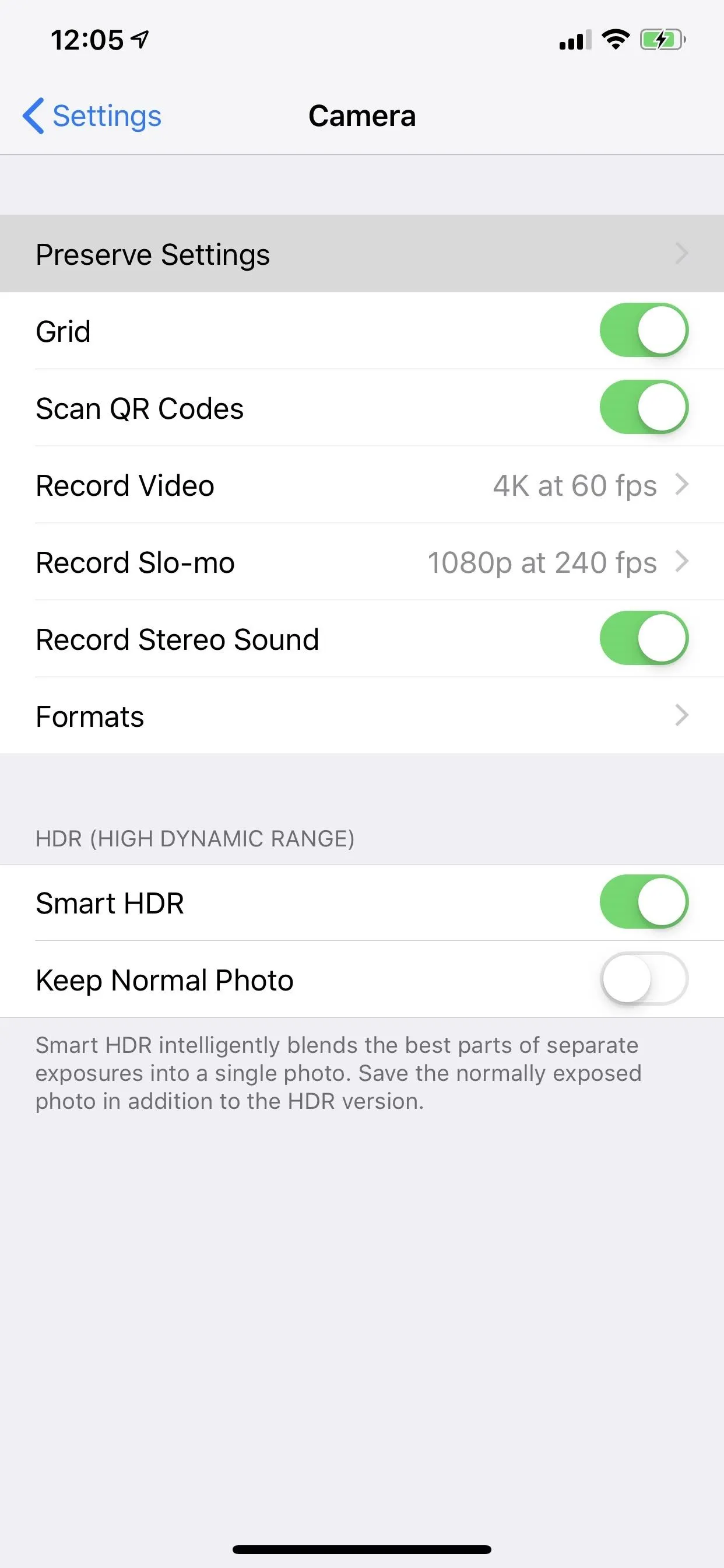 Camera settings screen on a smartphone.