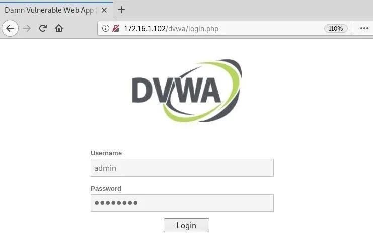 Login page for DVWA (Damn Vulnerable Web Application) with fields for username and password.