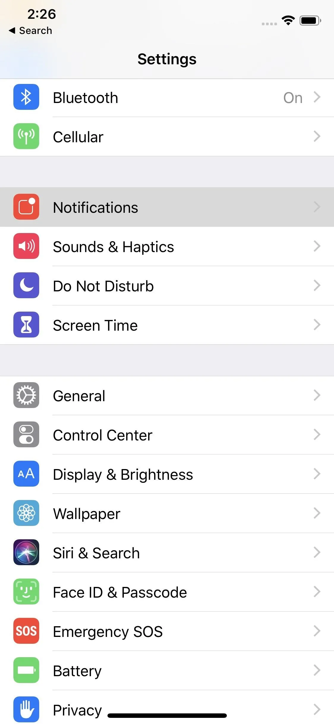 Settings menu on a smartphone displaying various options.