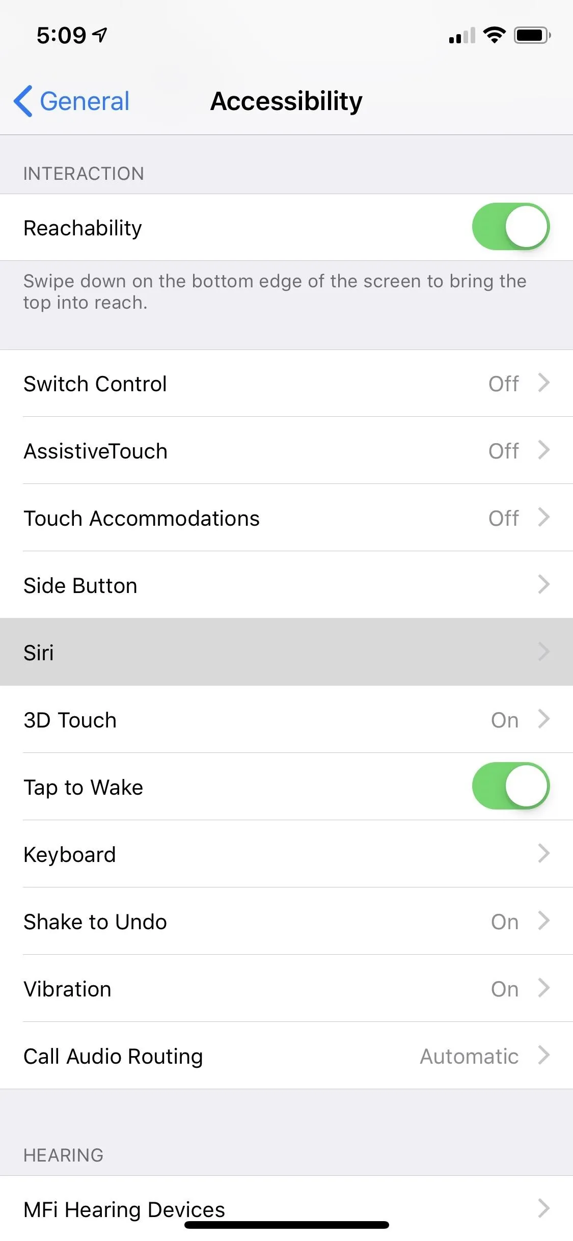 Accessibility settings menu on a mobile device.