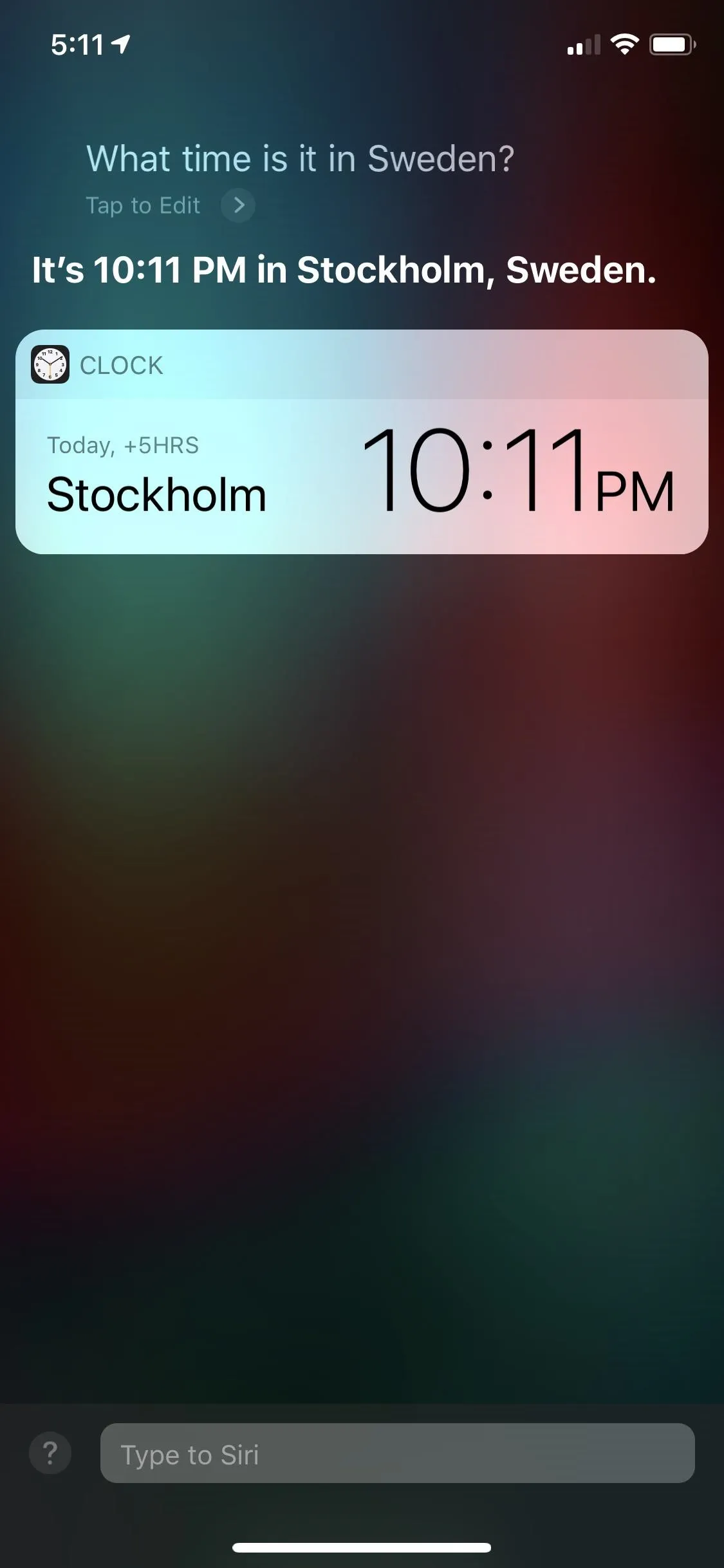 Current time displayed on a mobile device showing Stockholm as the location.