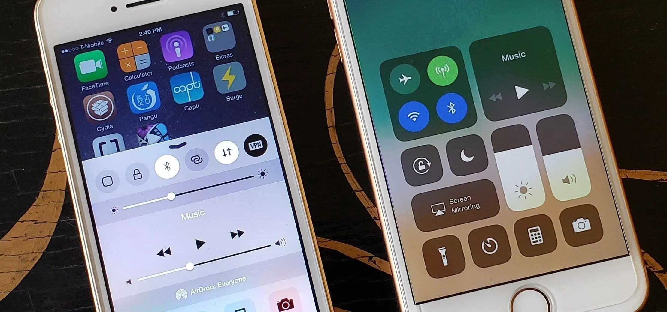 Two smartphones displaying app icons and control center features.