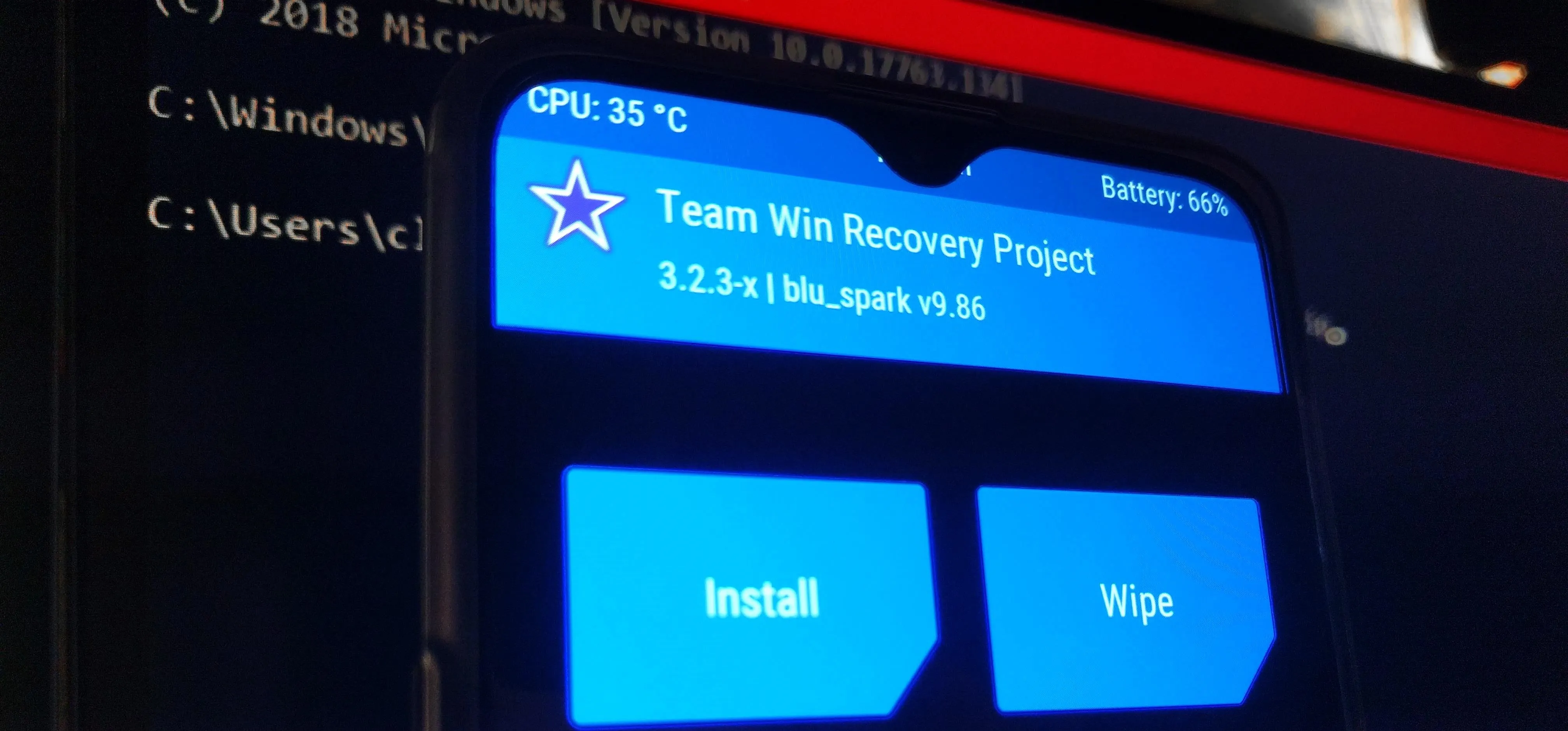 Team Win Recovery Project interface displaying 'Install' and 'Wipe' options.