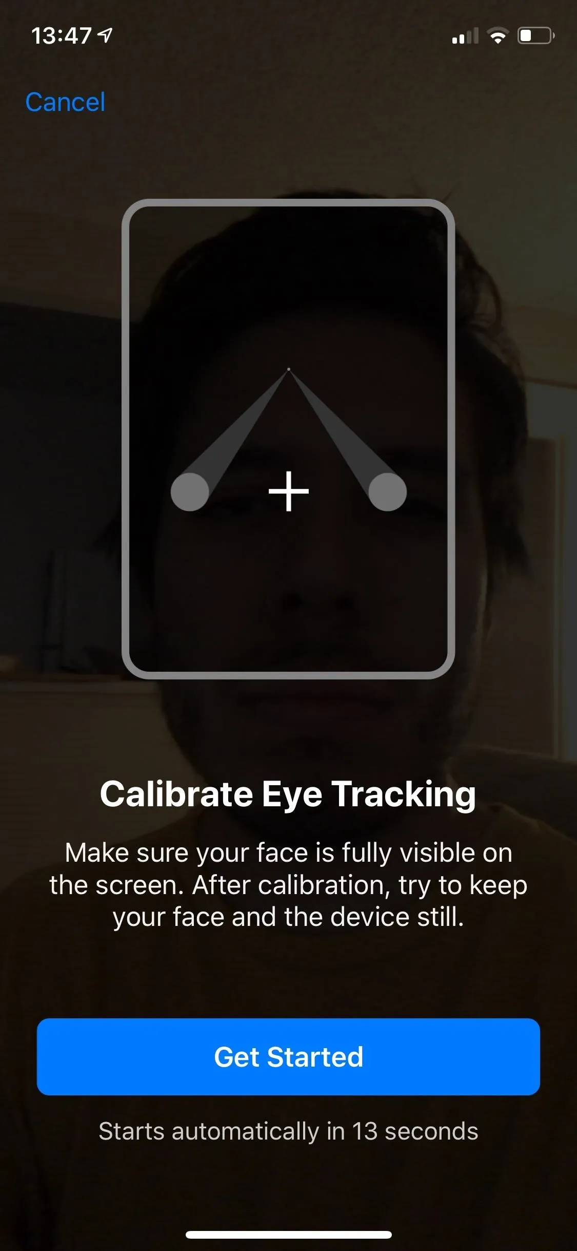 Calibration screen for eye tracking feature.