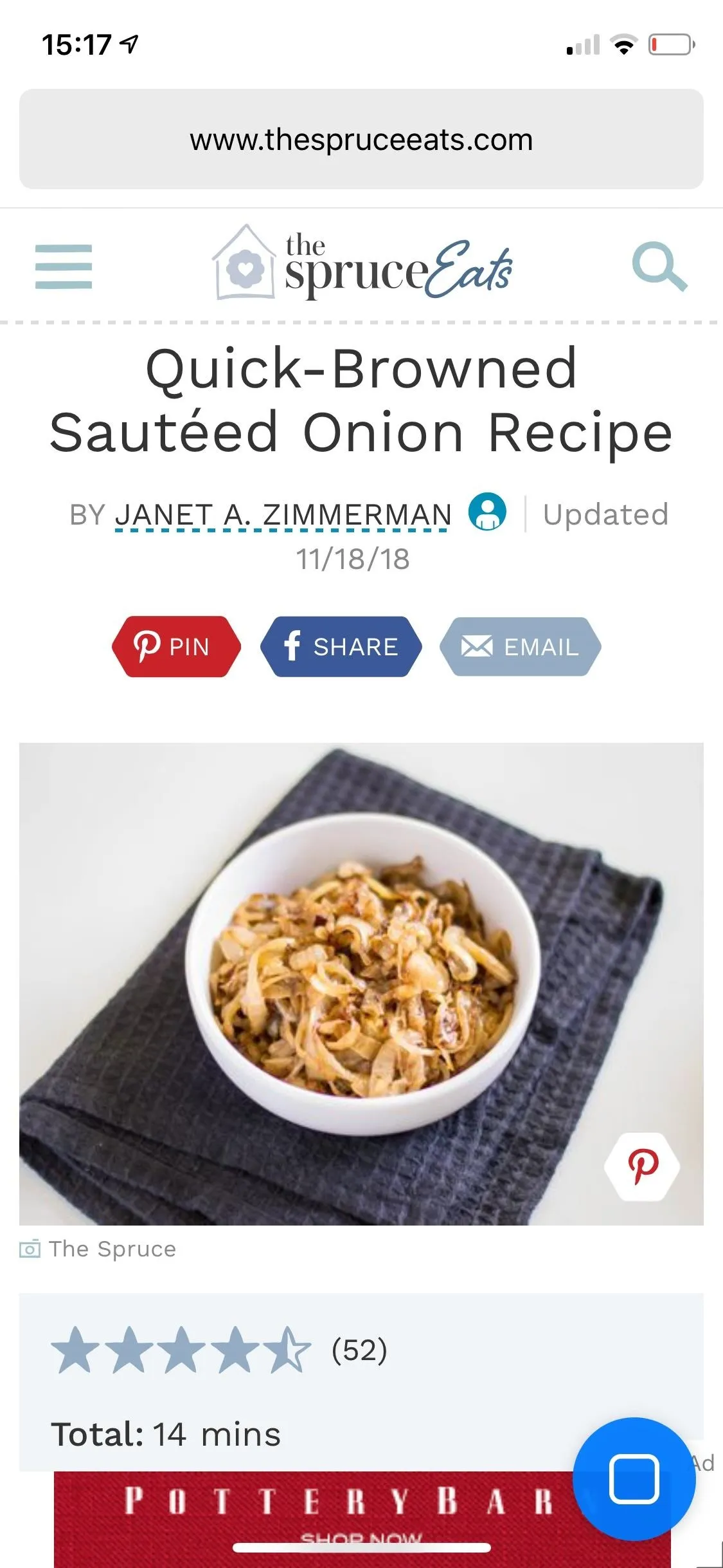 Quick-browned sautéed onion recipe with a bowl of cooked onions on a gray napkin.