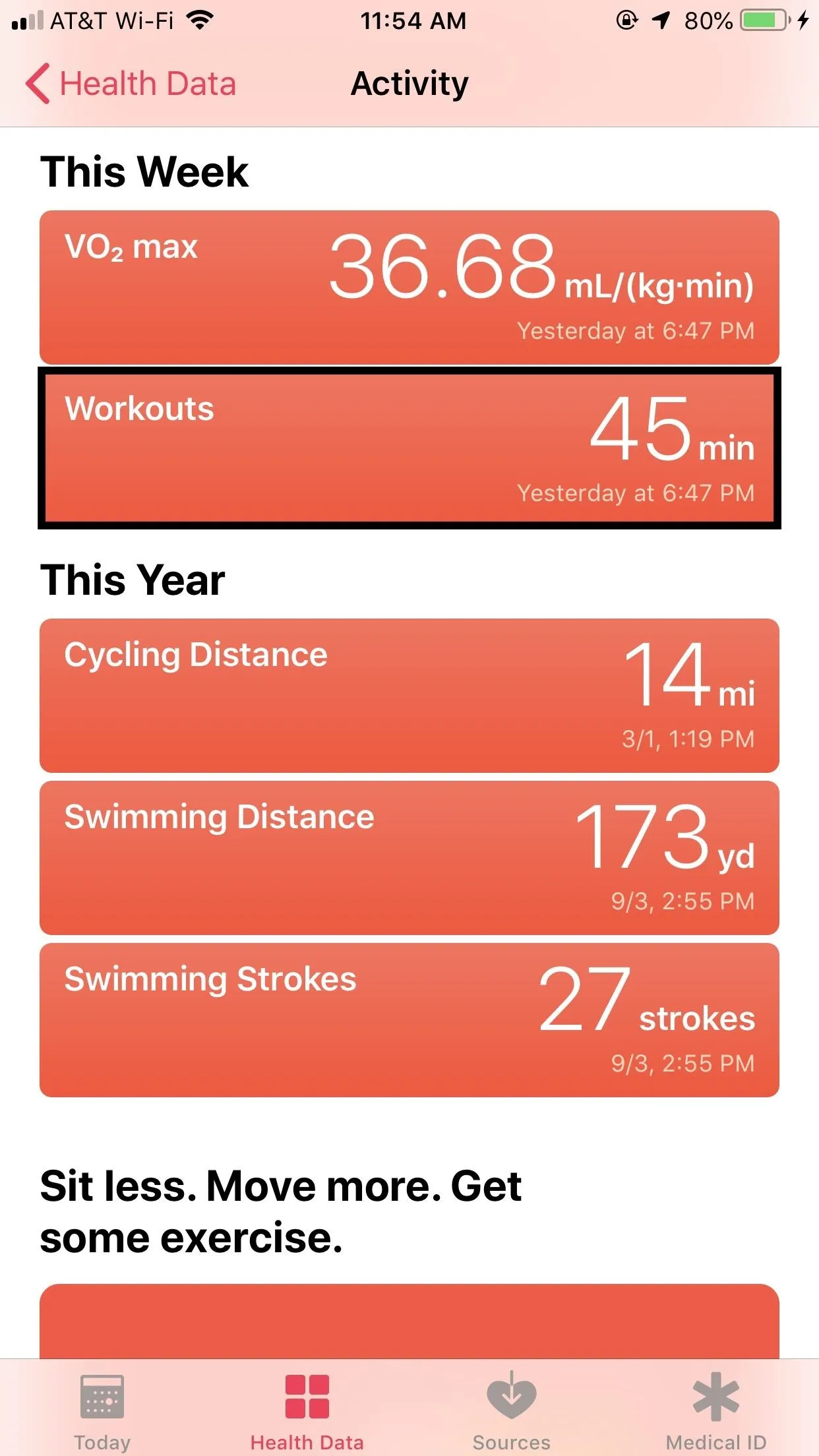 Health app activity summary showcasing weekly and yearly exercise metrics, including walking, cycling, and swimming statistics.