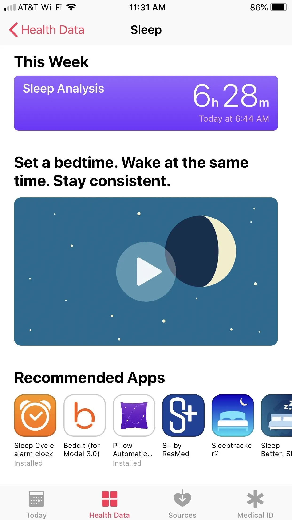 Sleep analysis app interface showing weekly data and recommended apps.