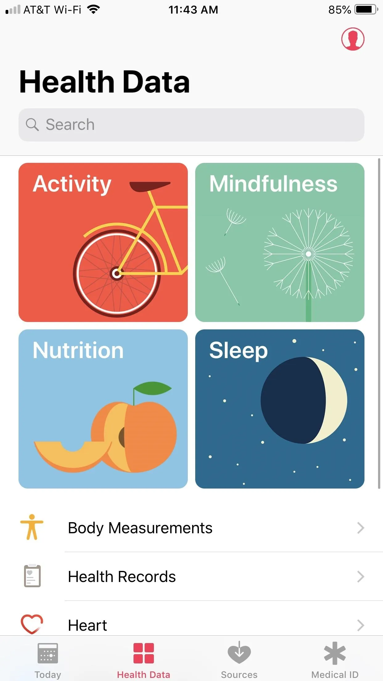 Health data app interface highlighting categories: Activity, Mindfulness, Nutrition, Sleep.