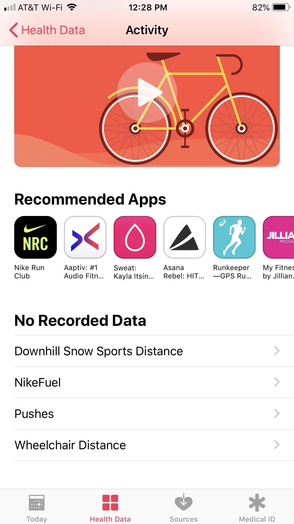 Activity tracking interface with a bicycle illustration and recommended fitness apps.