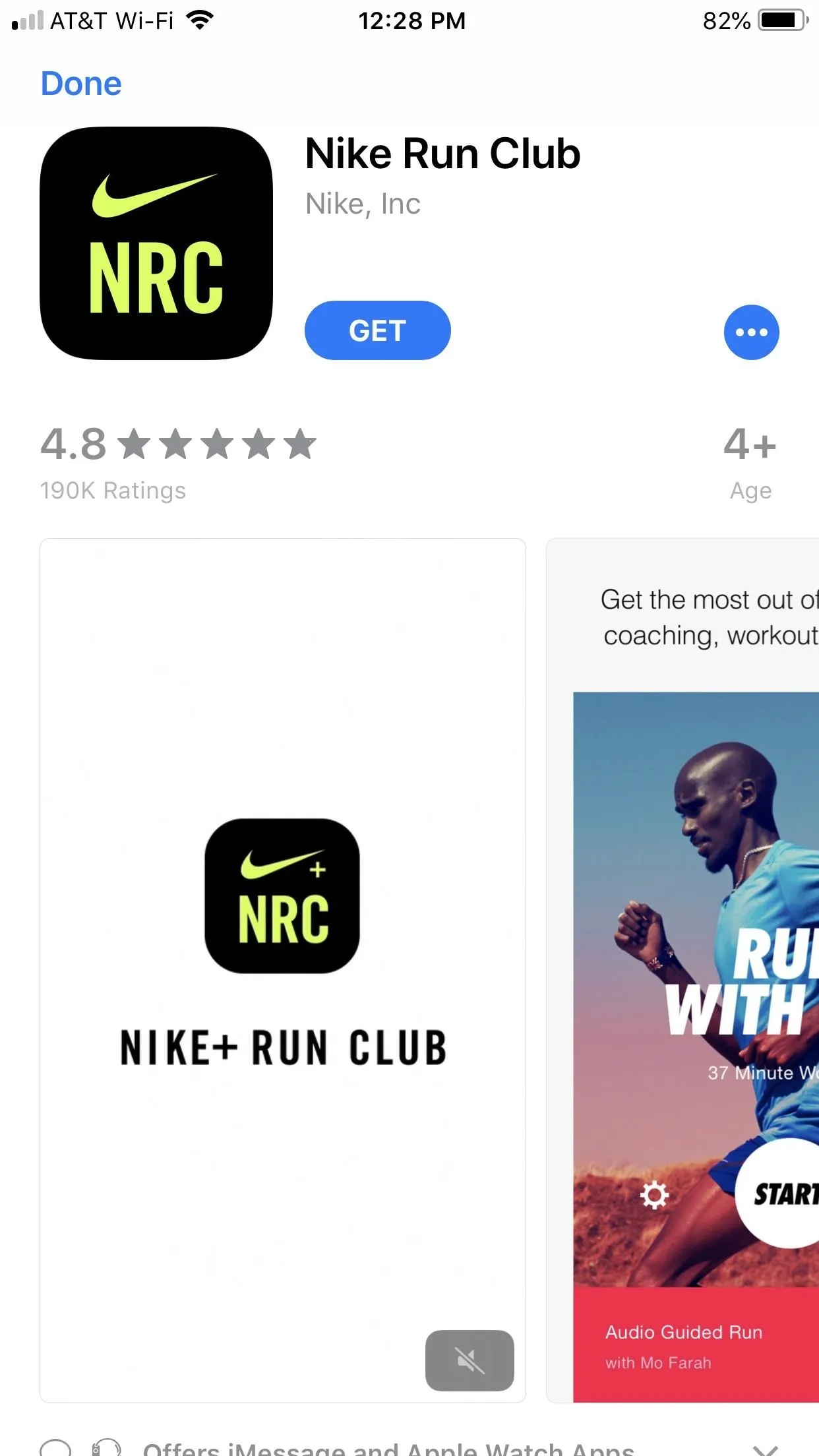 Nike Run Club app download page with logo and promotional image.