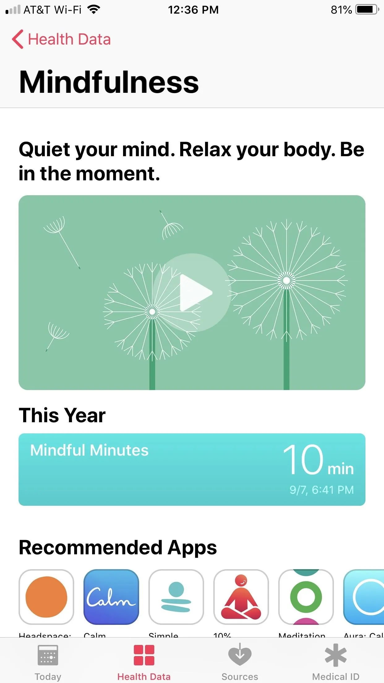 Mindfulness app interface featuring a video player and recommended applications for relaxation.