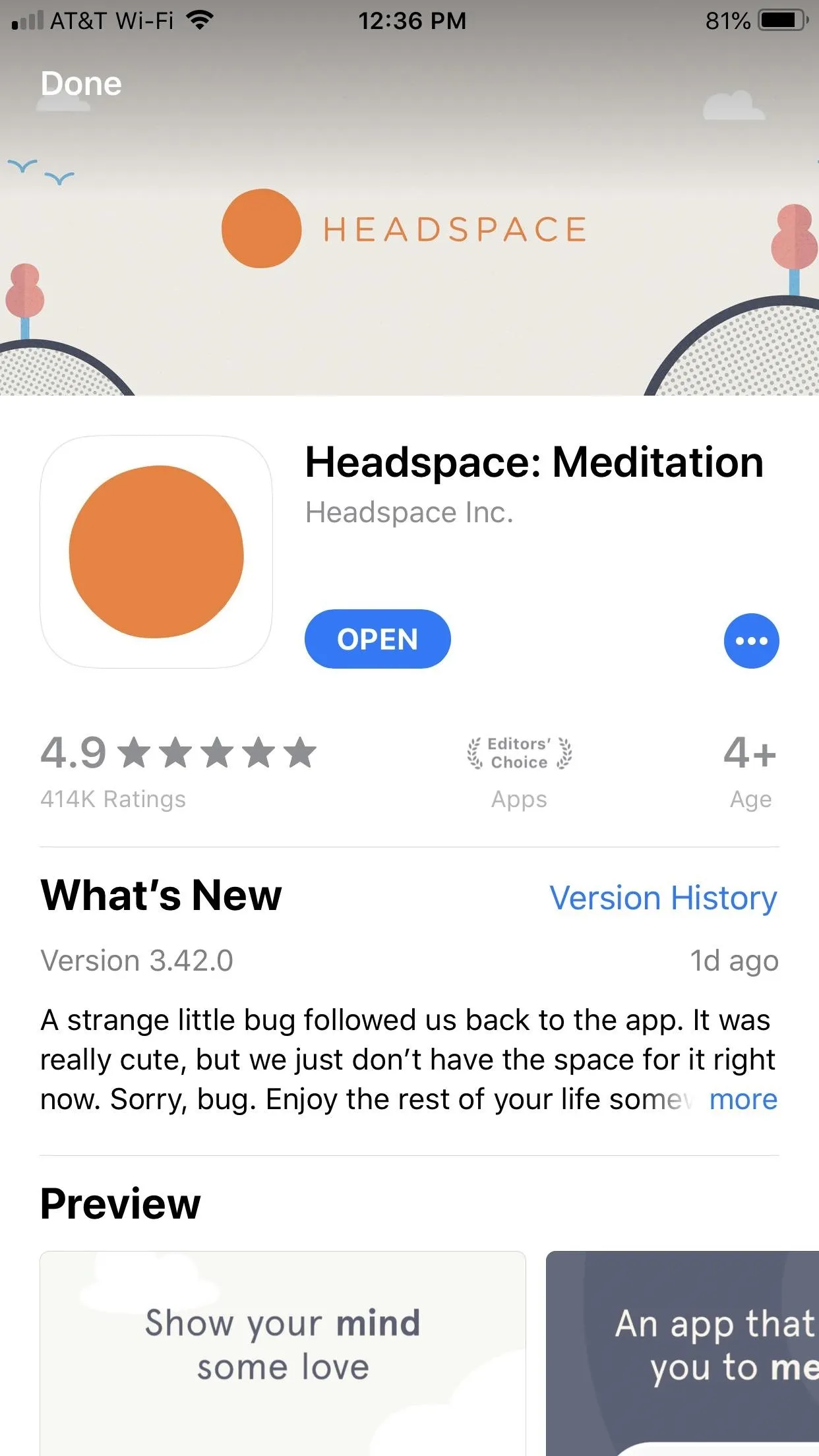 Meditation app interface with user ratings and update information.