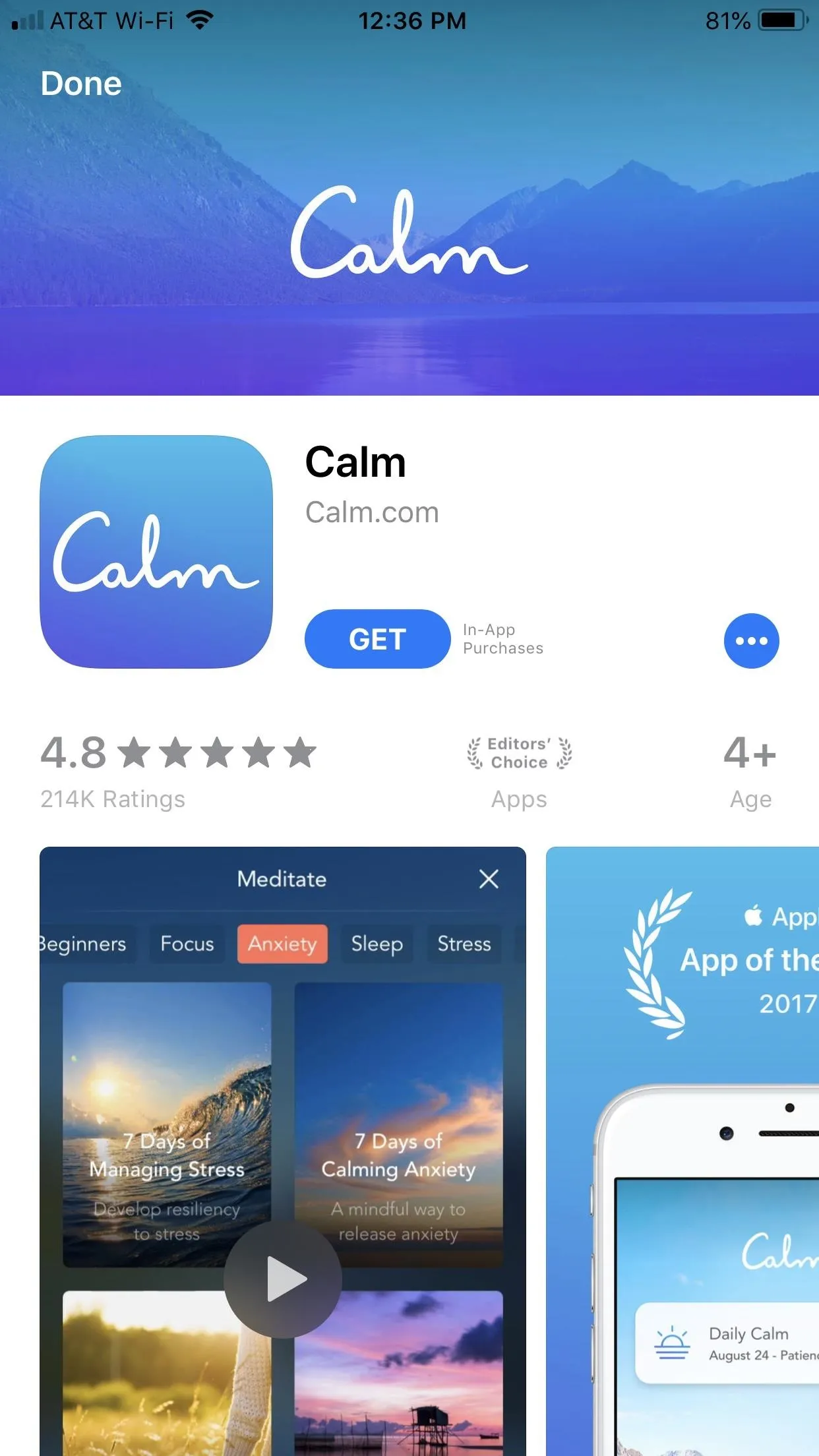 Calm app page displaying serene landscapes and relaxation features.