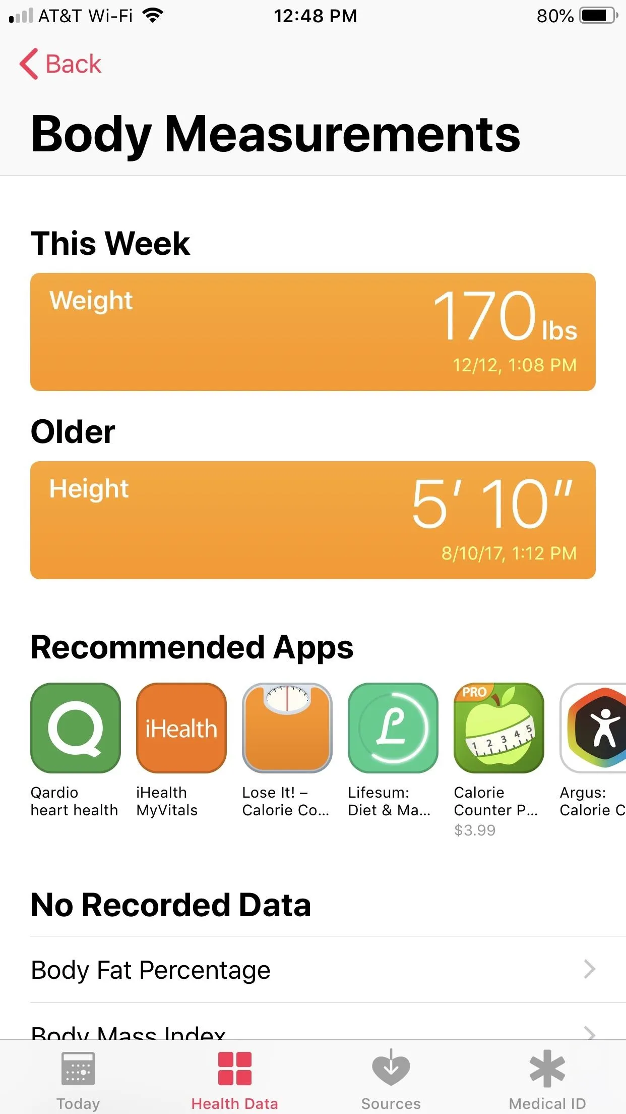 Body measurements app showing weight and height statistics.