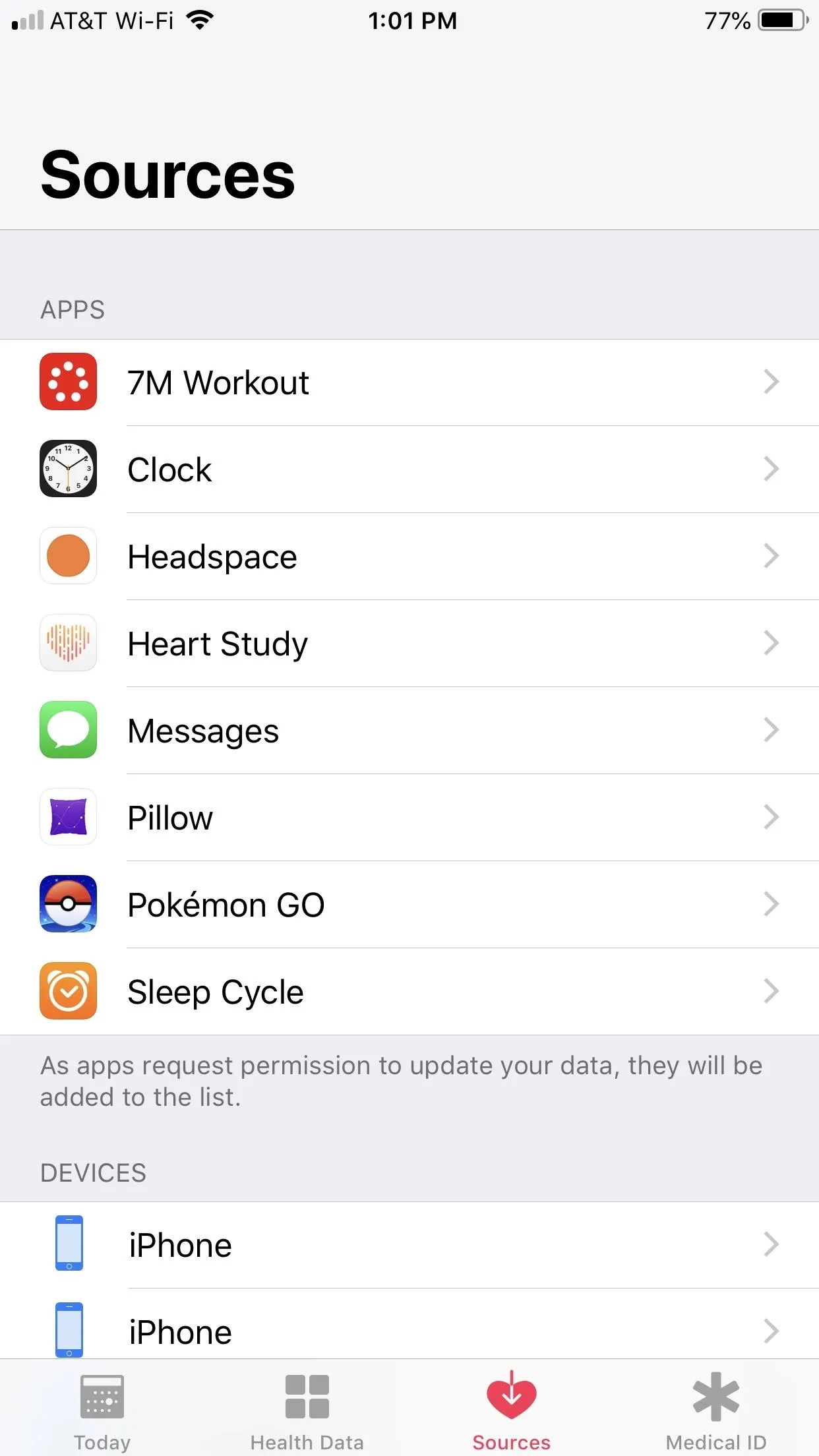 Phone screen displaying various health and fitness app sources.