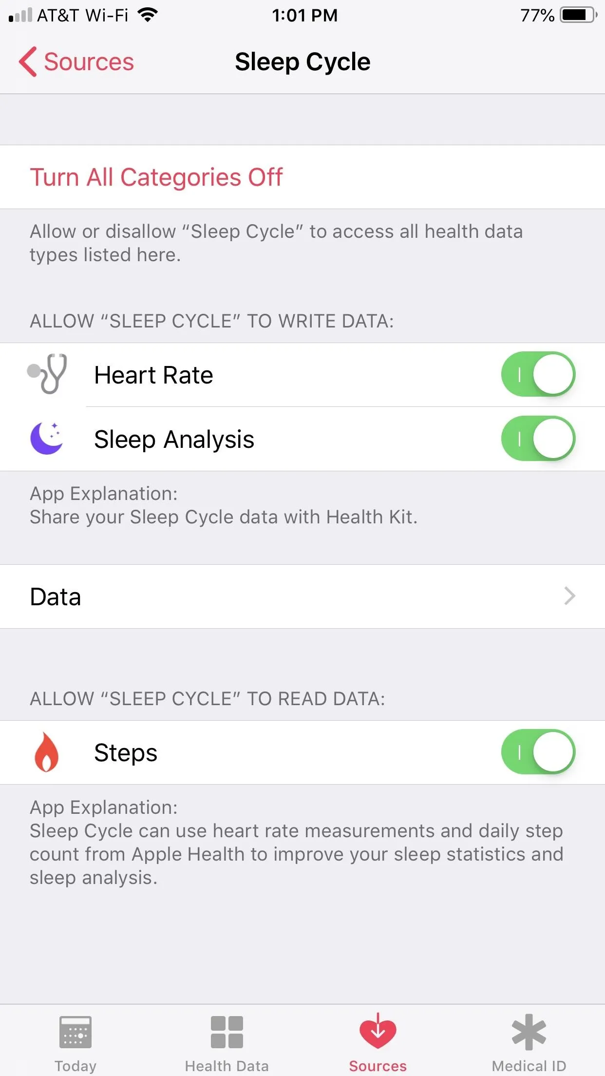 Health app settings screen with options for step tracking and data analysis.