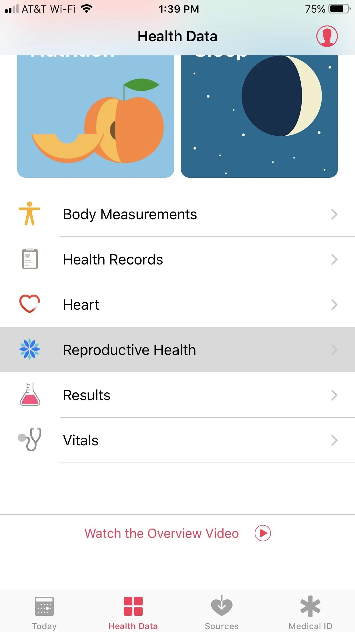 Health data application dashboard featuring icons for body measurements, health records, reproductive health, and results.