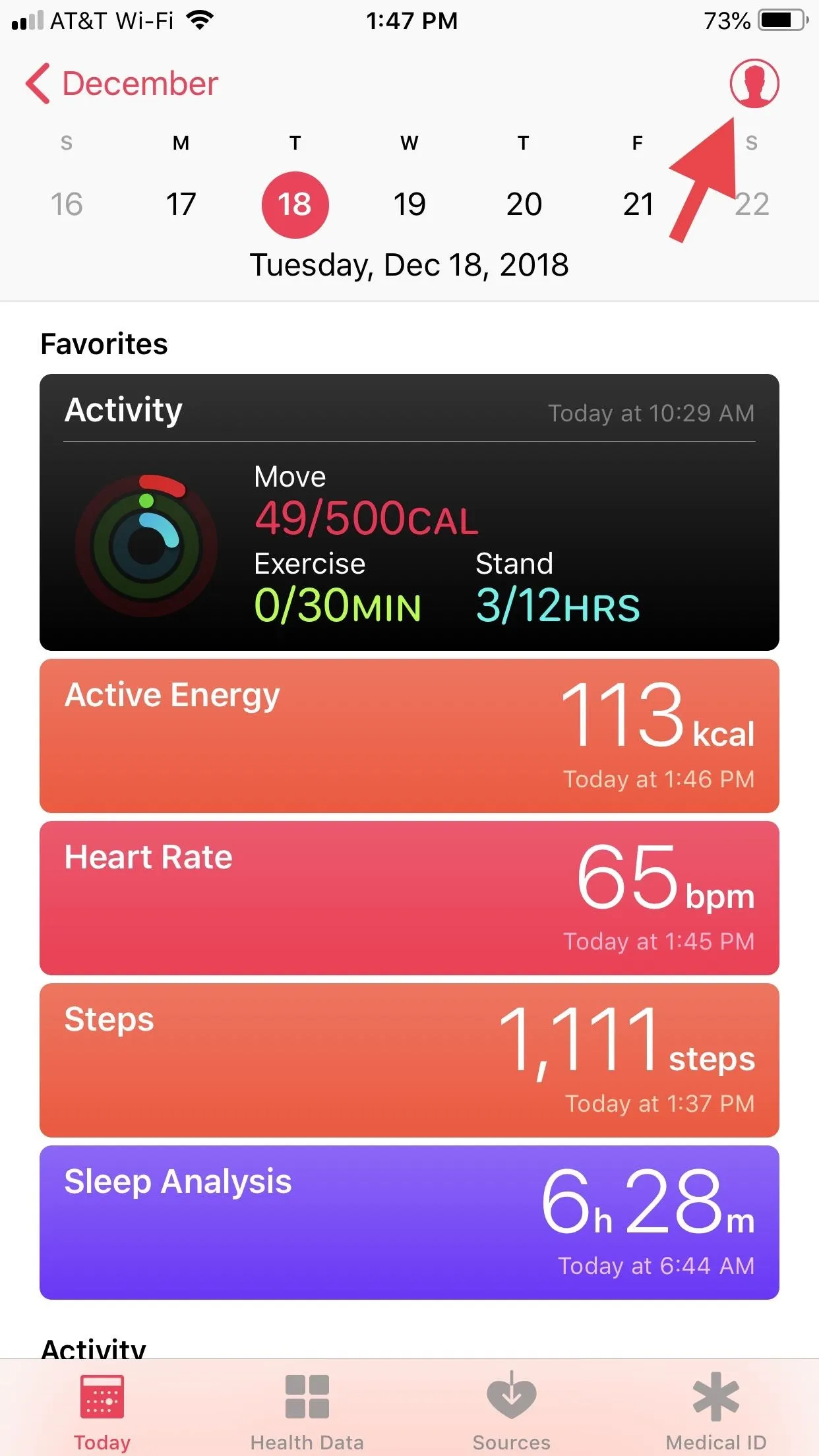 Activity tracker summary showing various health metrics for December 18, 2018.