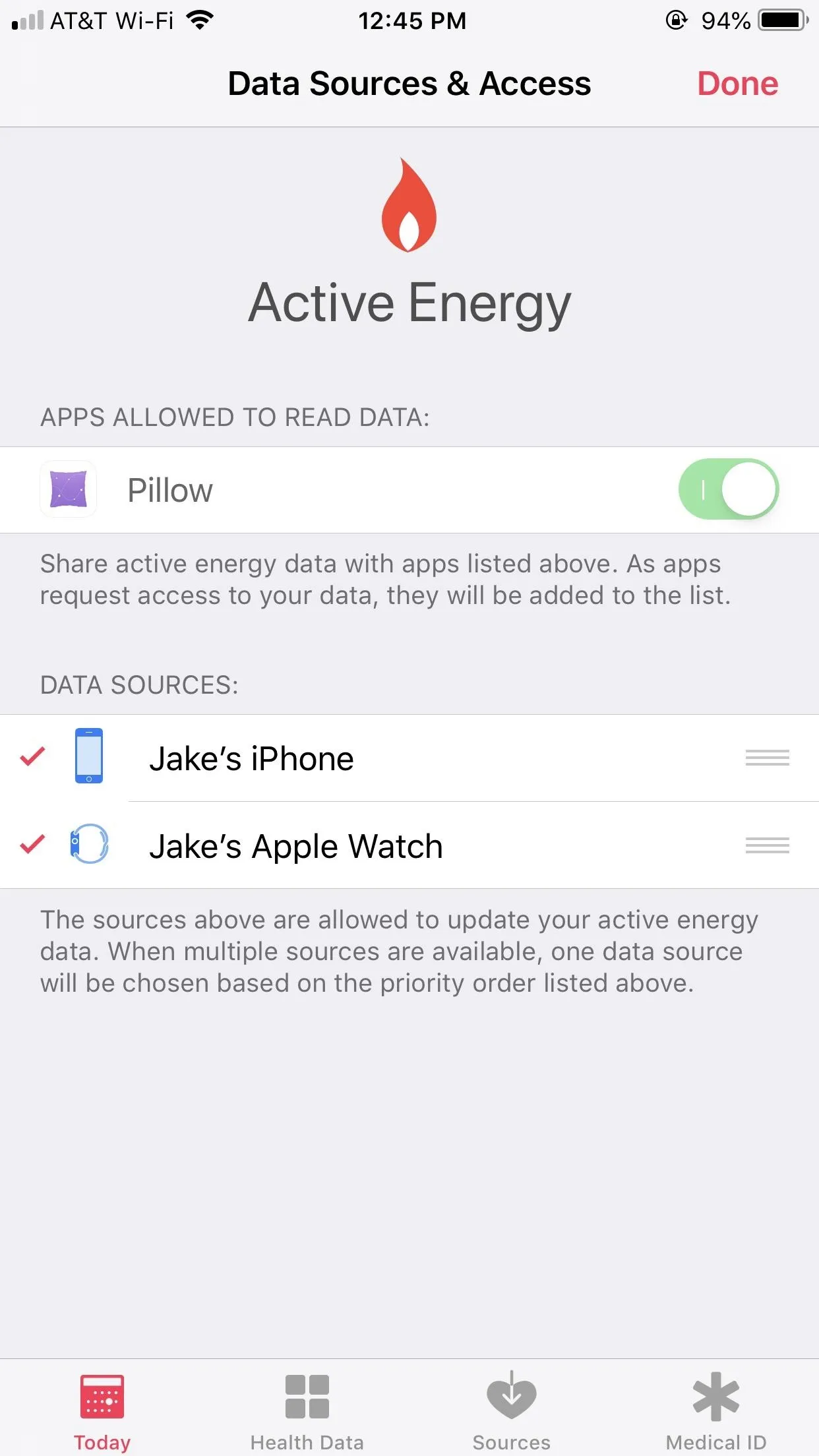 Active Energy settings on a mobile device, showing data sources and access options.