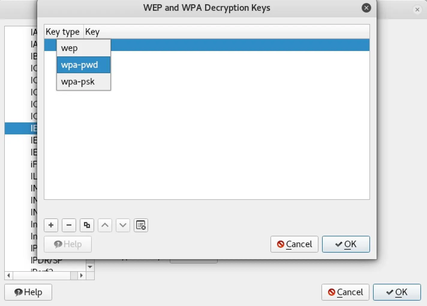 WPA and WPA Decryption Key selection interface