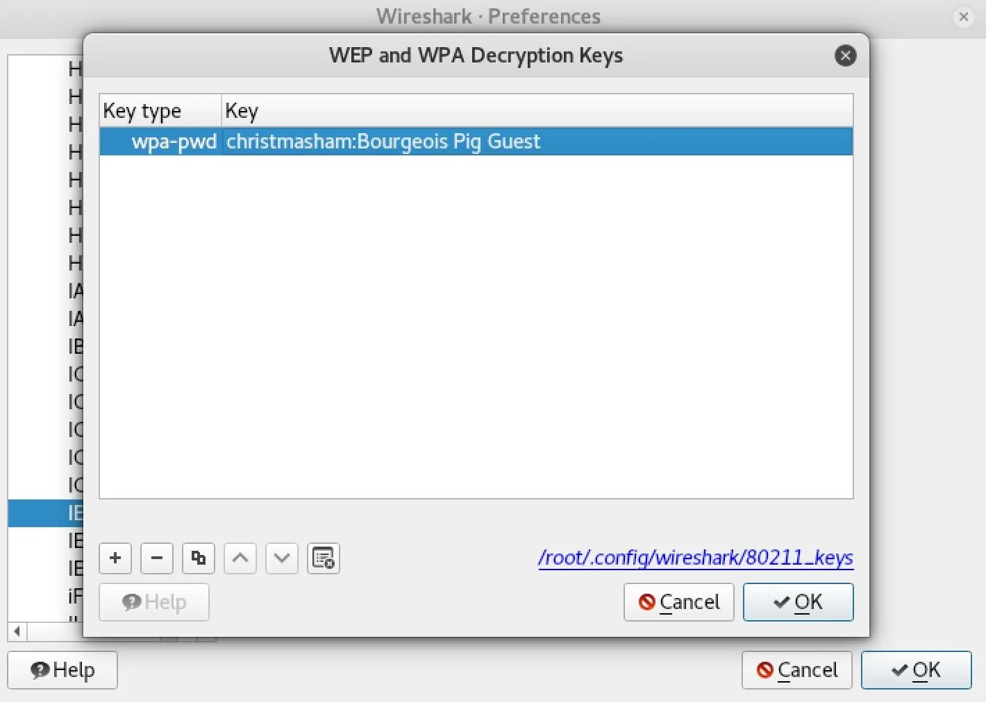 WPA and WEP decryption keys settings in a software interface