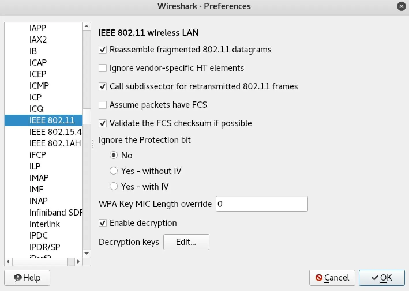 Wireless LAN configuration settings in Wireshark preferences.