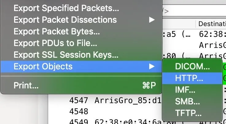 Network analysis software interface showing options for exporting packets and objects.