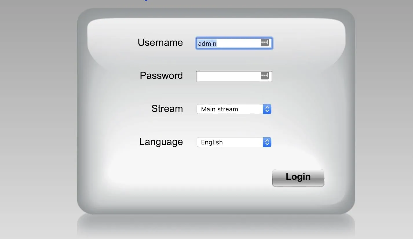 Login form featuring fields for username and password, along with options for stream and language selection.