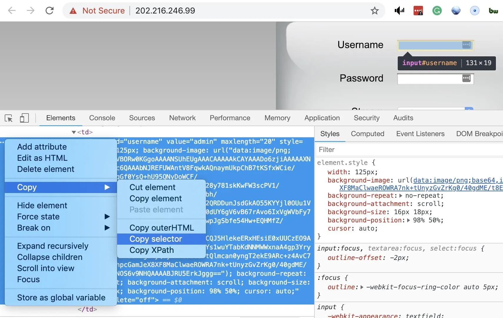 Screenshot of a web browser's developer tools showing HTML code and options for copying elements.