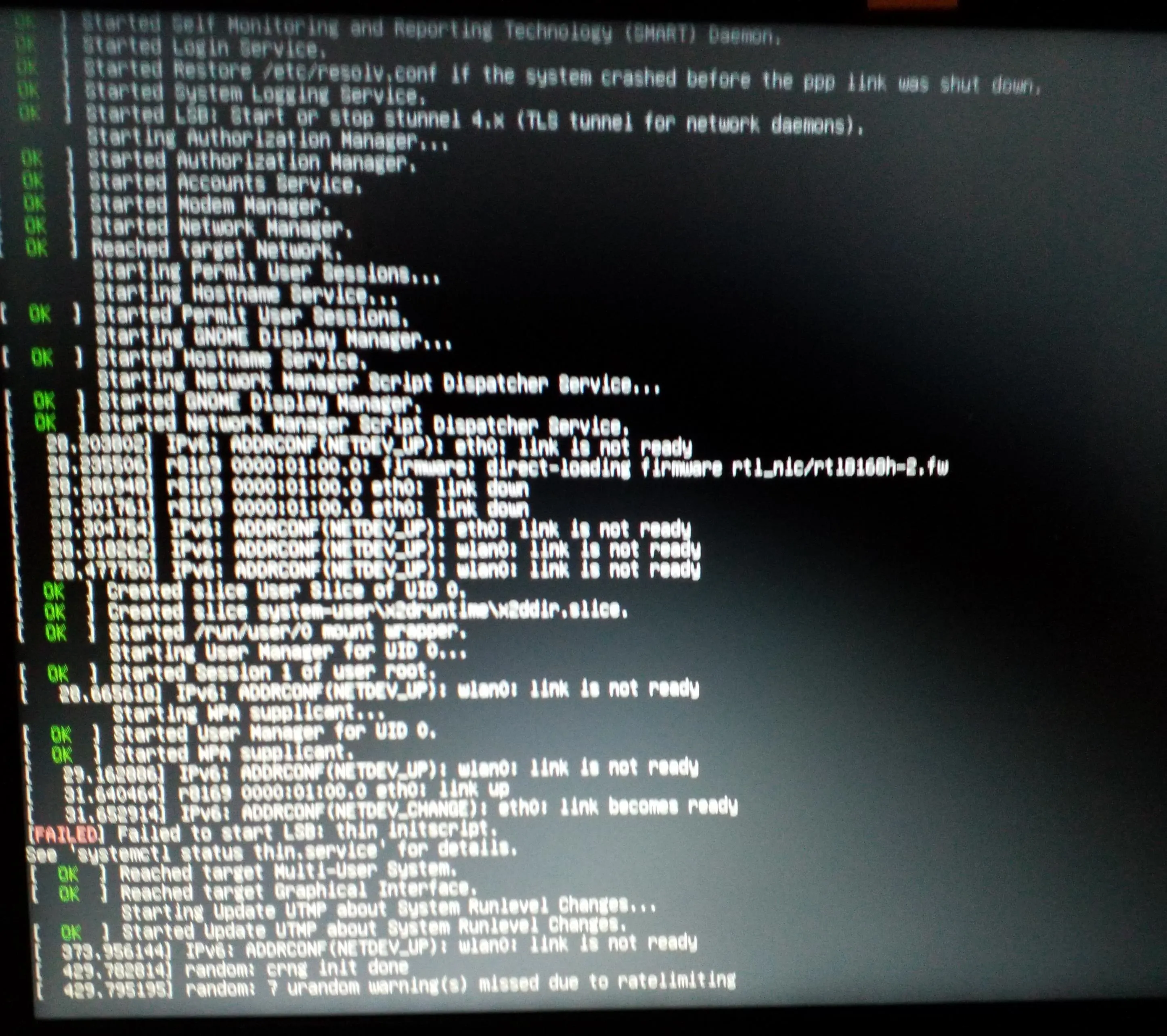 Command line interface displaying system error messages and logs.