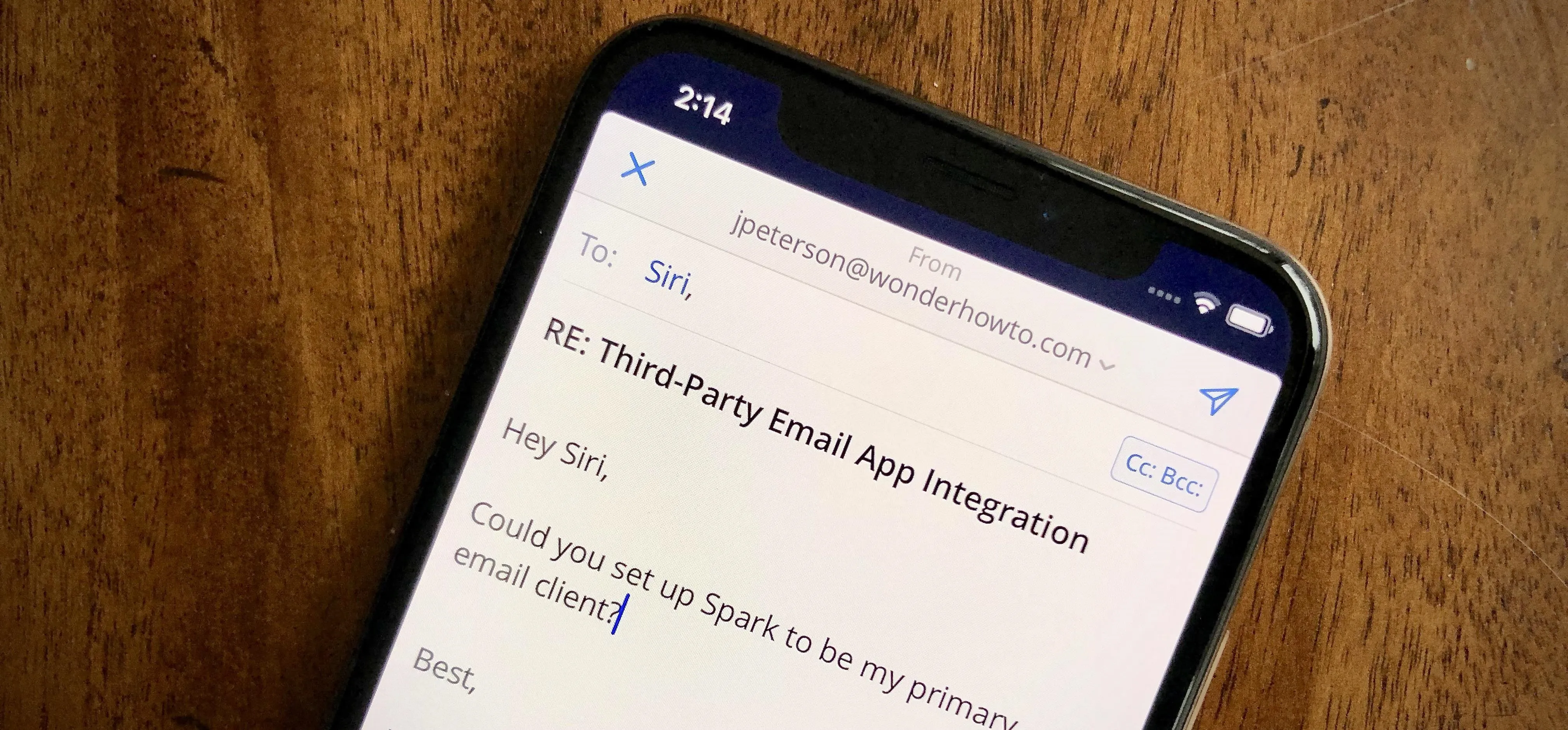 Email on a smartphone discussing app integration.