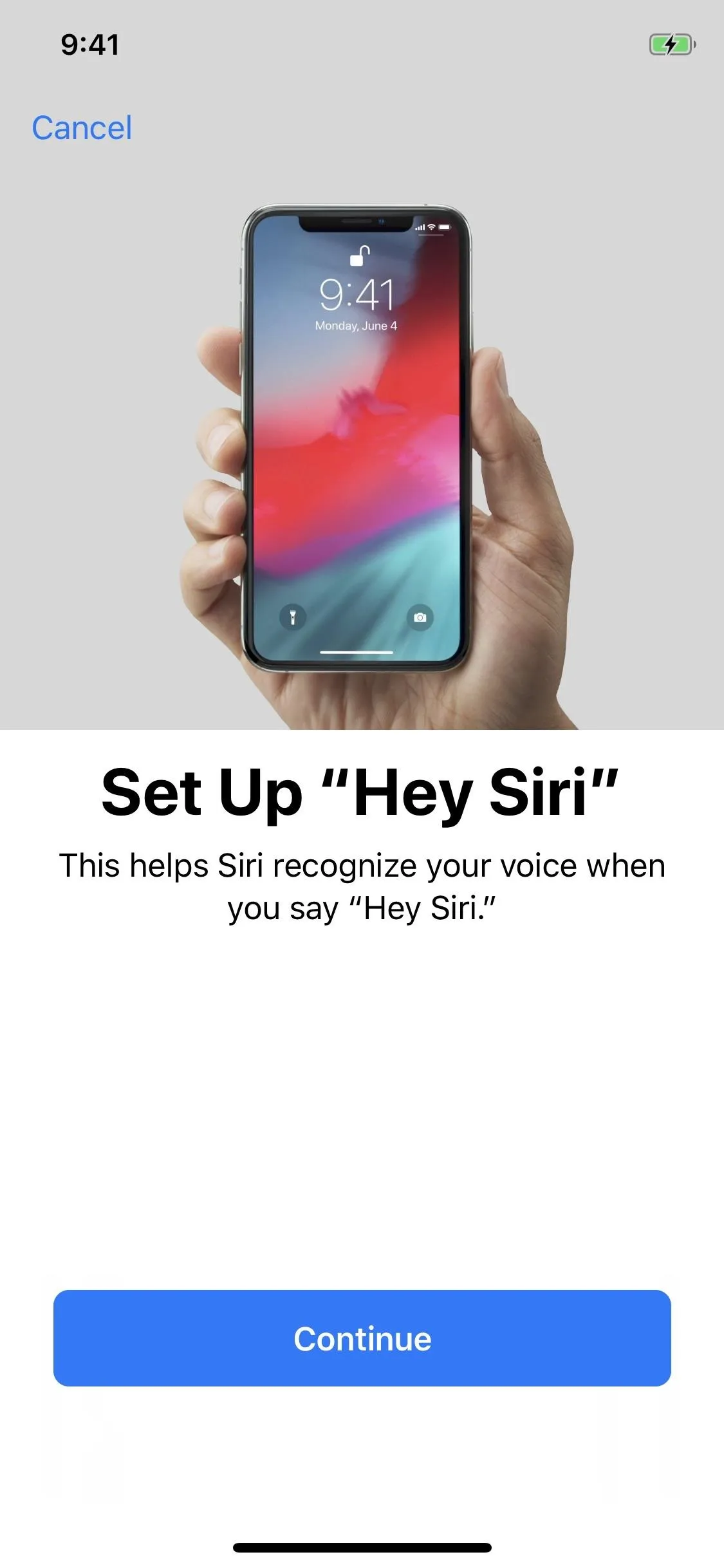 Setting up "Hey Siri" feature on a smartphone.