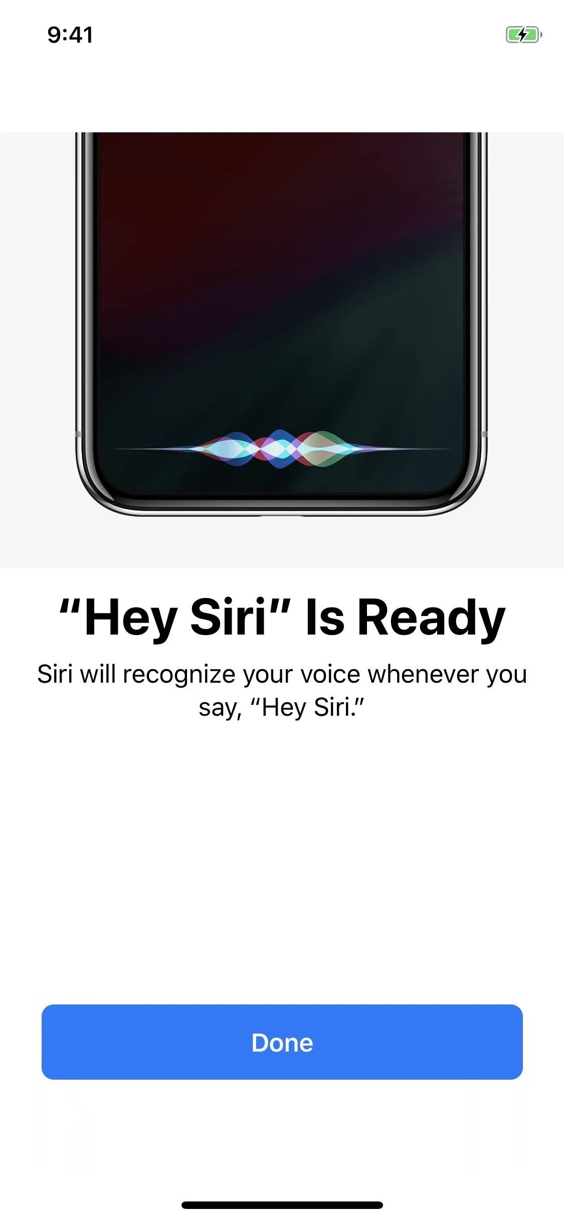 "Screenshot of a device indicating 'Hey Siri' is ready to recognize voice commands."