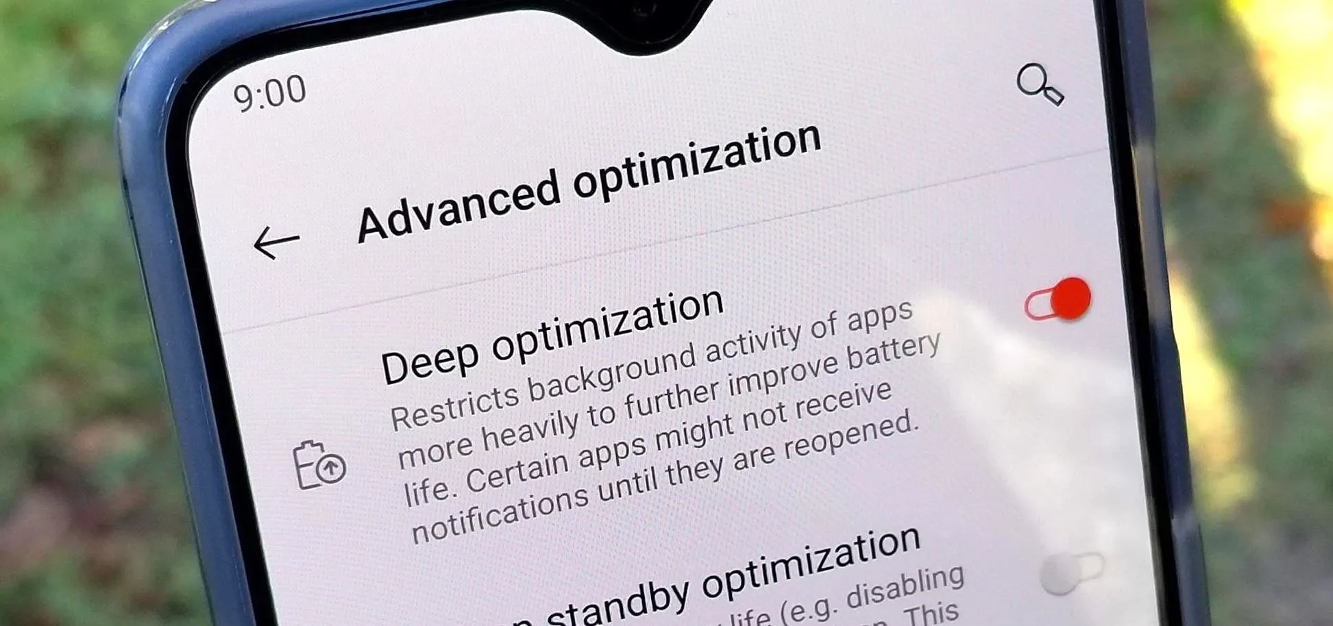 Settings menu for advanced phone optimization features.