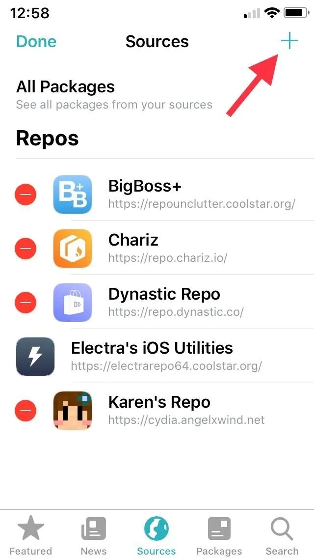 Screenshot of a mobile app interface showing package repositories with an add button.