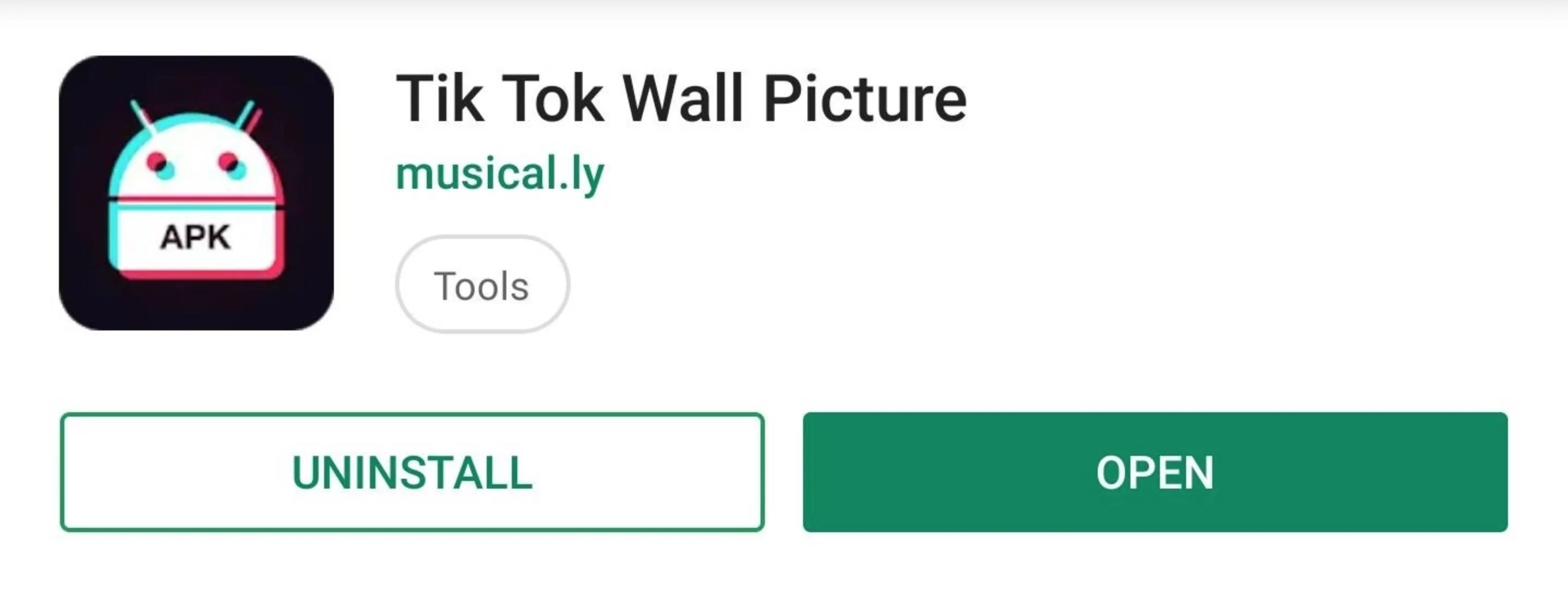 TikTok app icon with uninstall and open buttons.