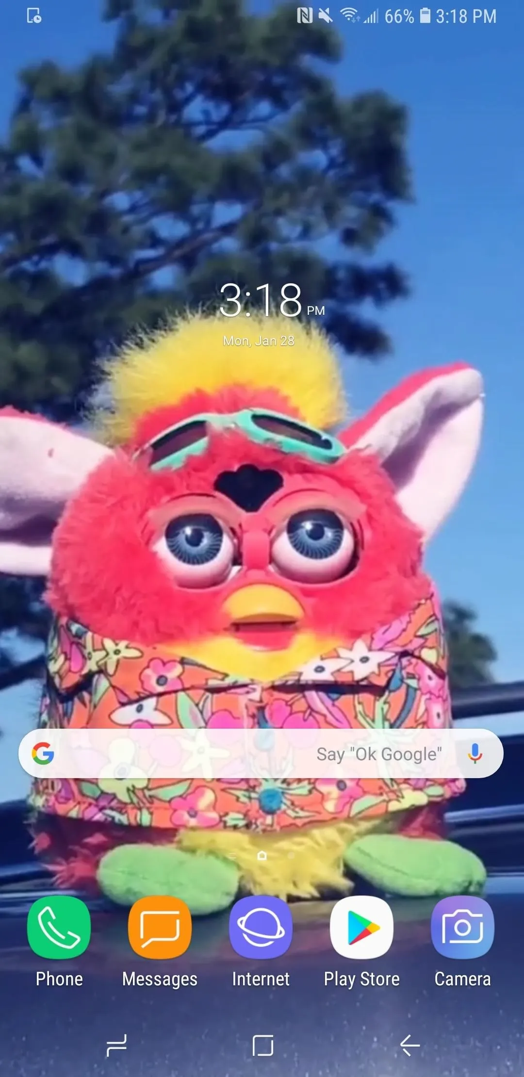 Colorful plush toy with large eyes and a bright tuft of fur, set against a blurred natural background.