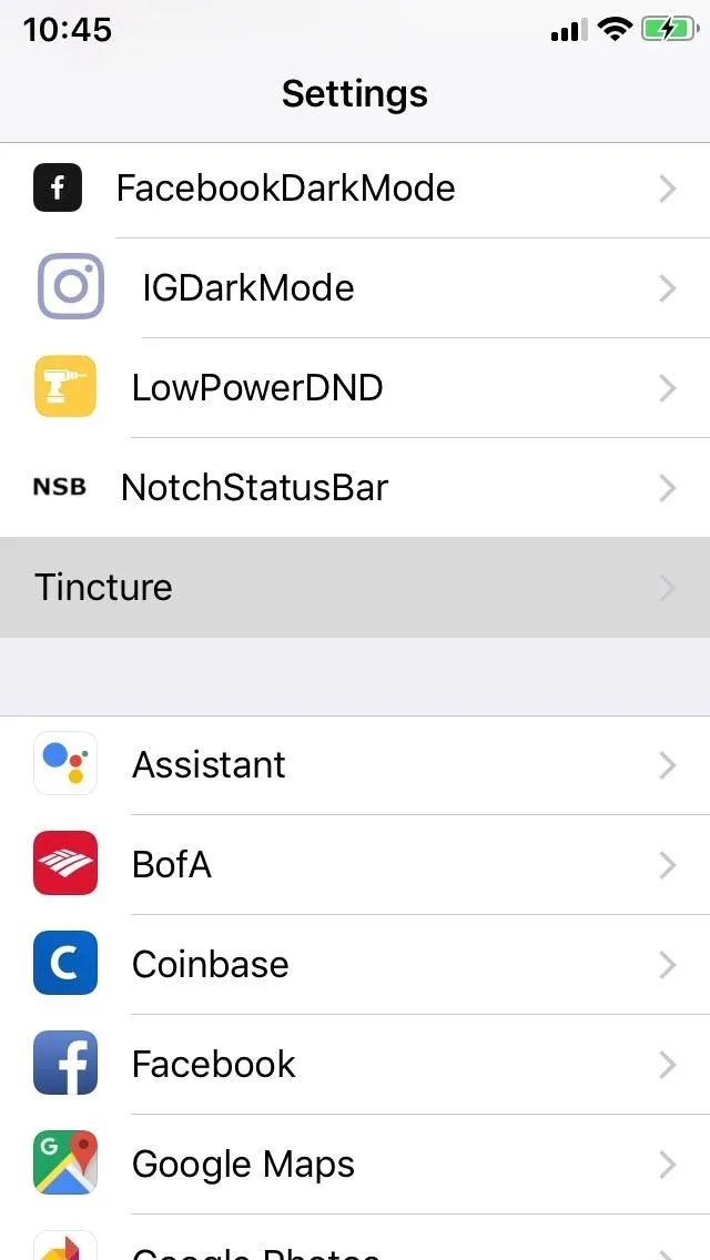 Settings menu on a mobile device showing various app options.