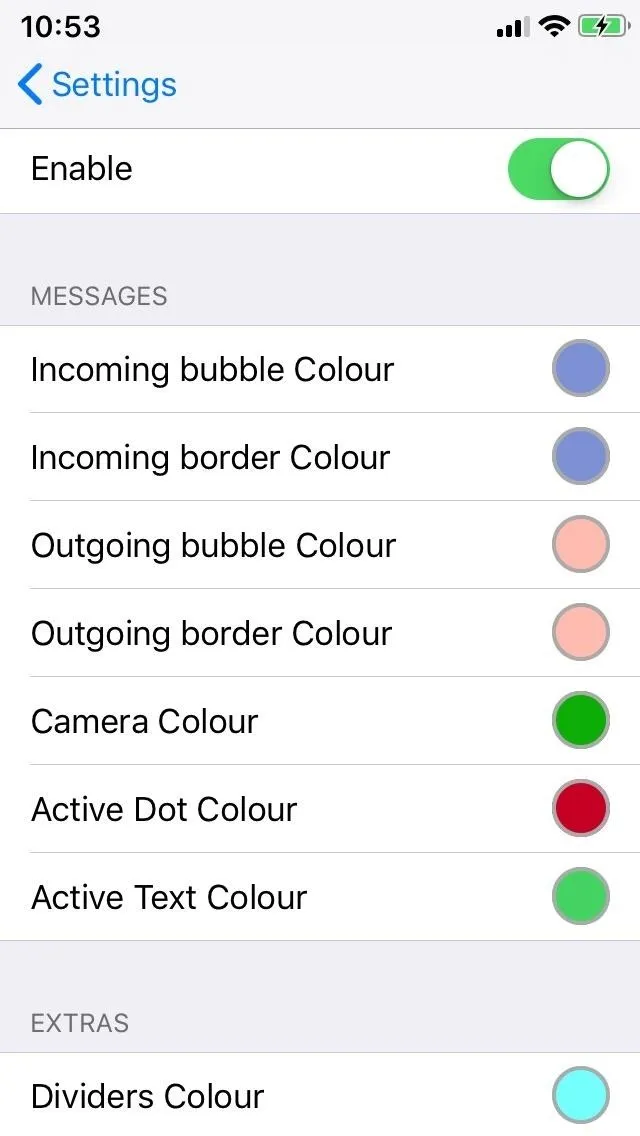 Messaging settings interface with color options for bubbles and borders.