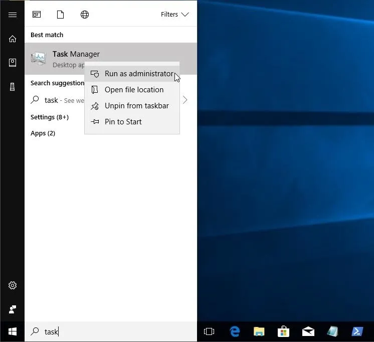 Task Manager menu in Windows search interface.